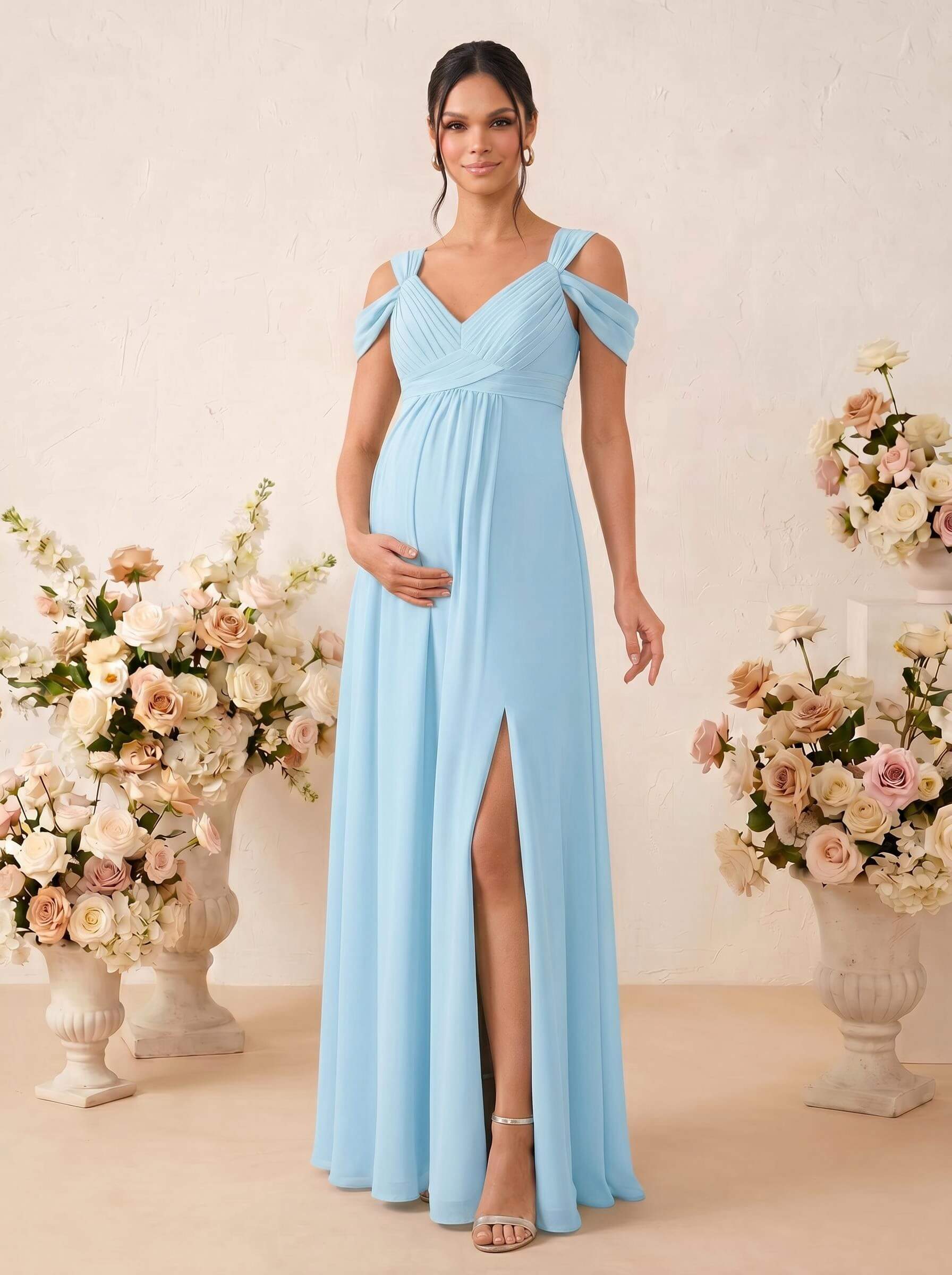 A-Line V-Neck Sleeveless Floor-Length Chiffon Maternity Bridesmaid Dresses With High Split, product image 14