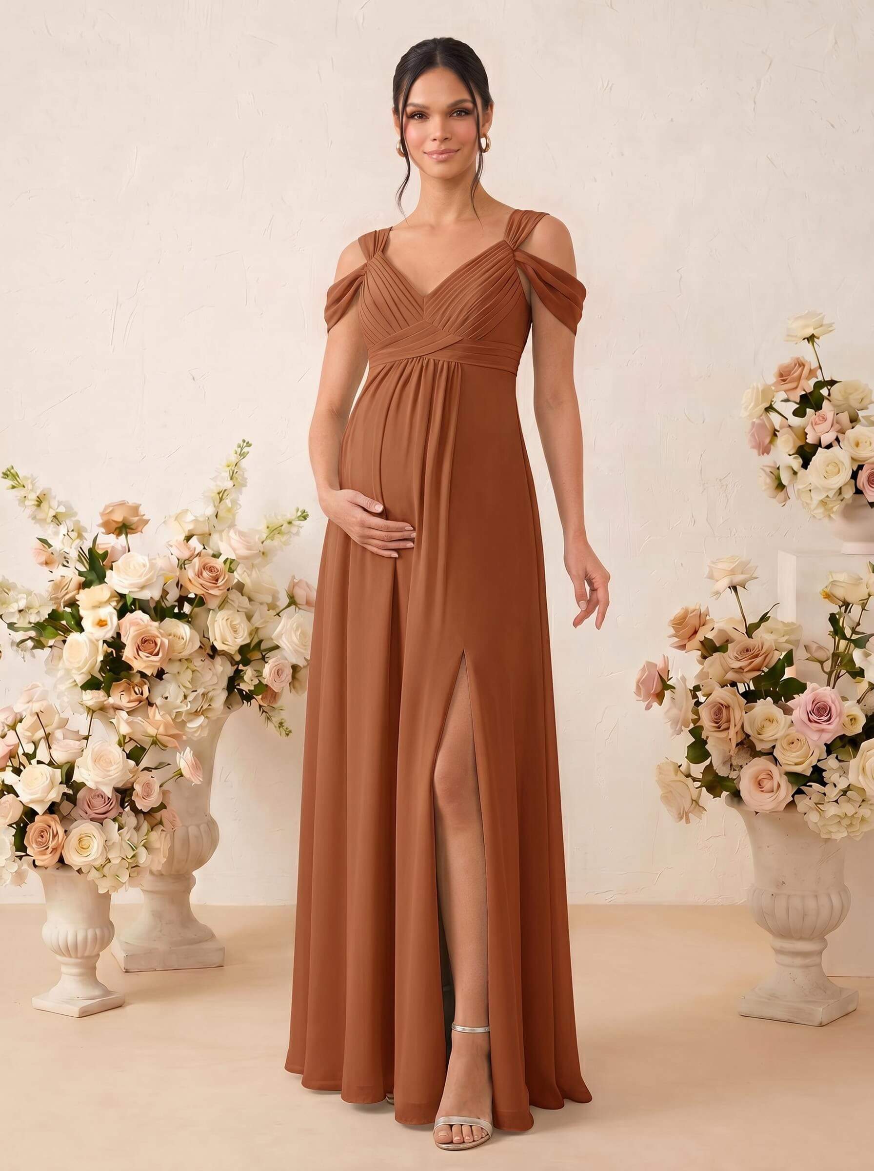 A-Line V-Neck Sleeveless Floor-Length Chiffon Maternity Bridesmaid Dresses With High Split, product image 69