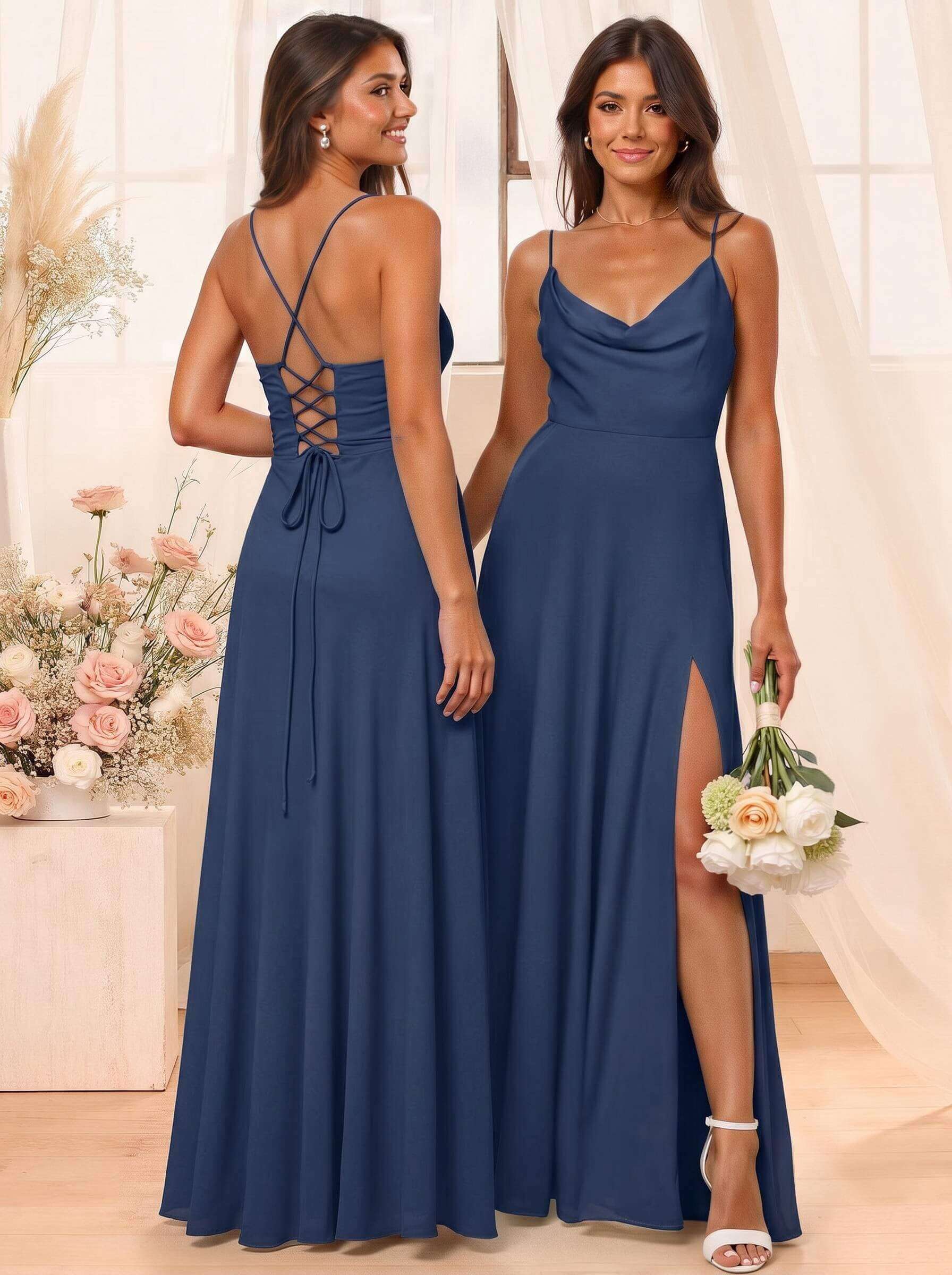 A-Line Cowl Neck Sleeveless Floor-Length Chiffon Bridesmaid Dresses With Split Front