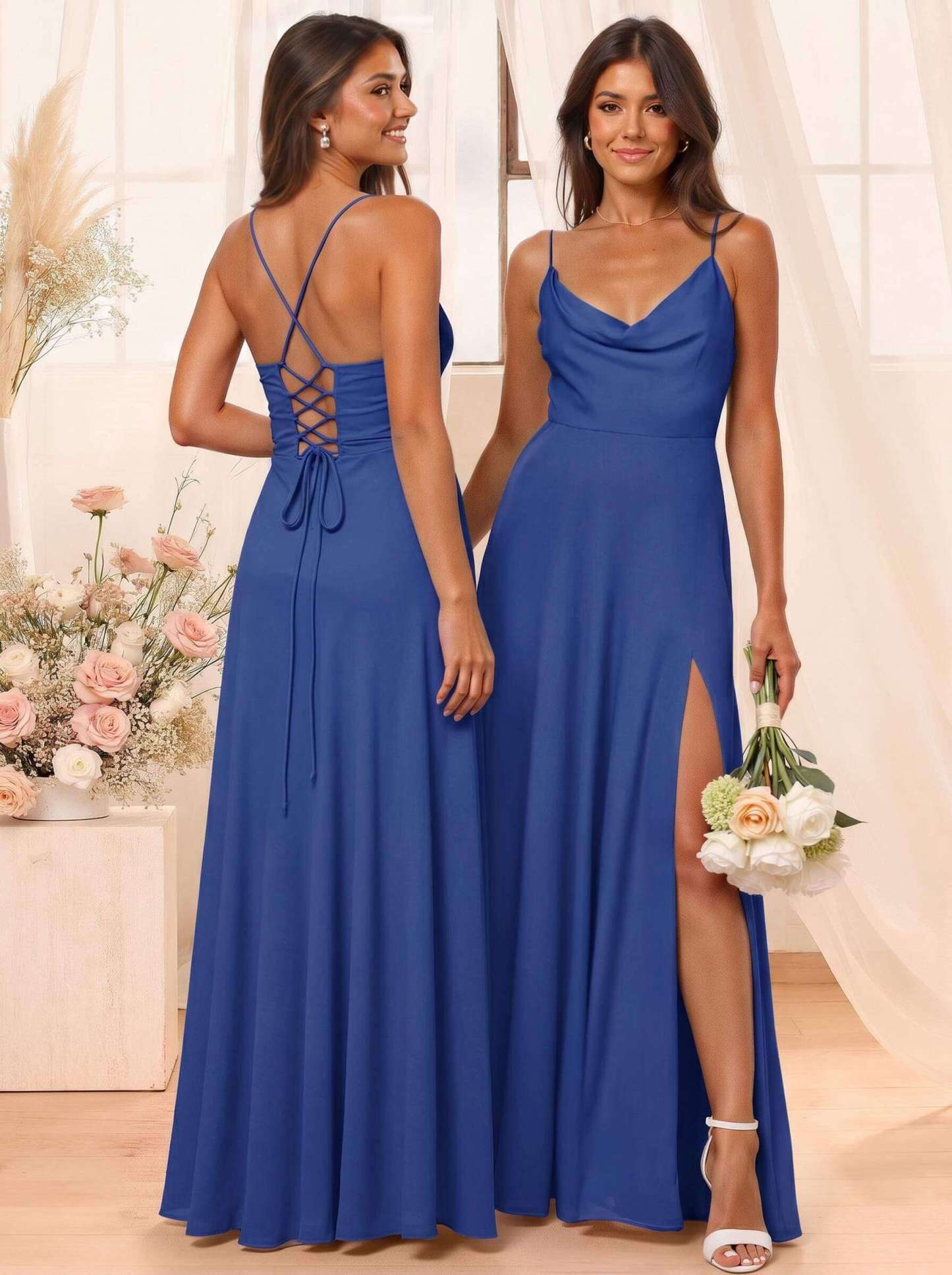A-Line Cowl Neck Sleeveless Floor-Length Chiffon Bridesmaid Dresses With Split Front