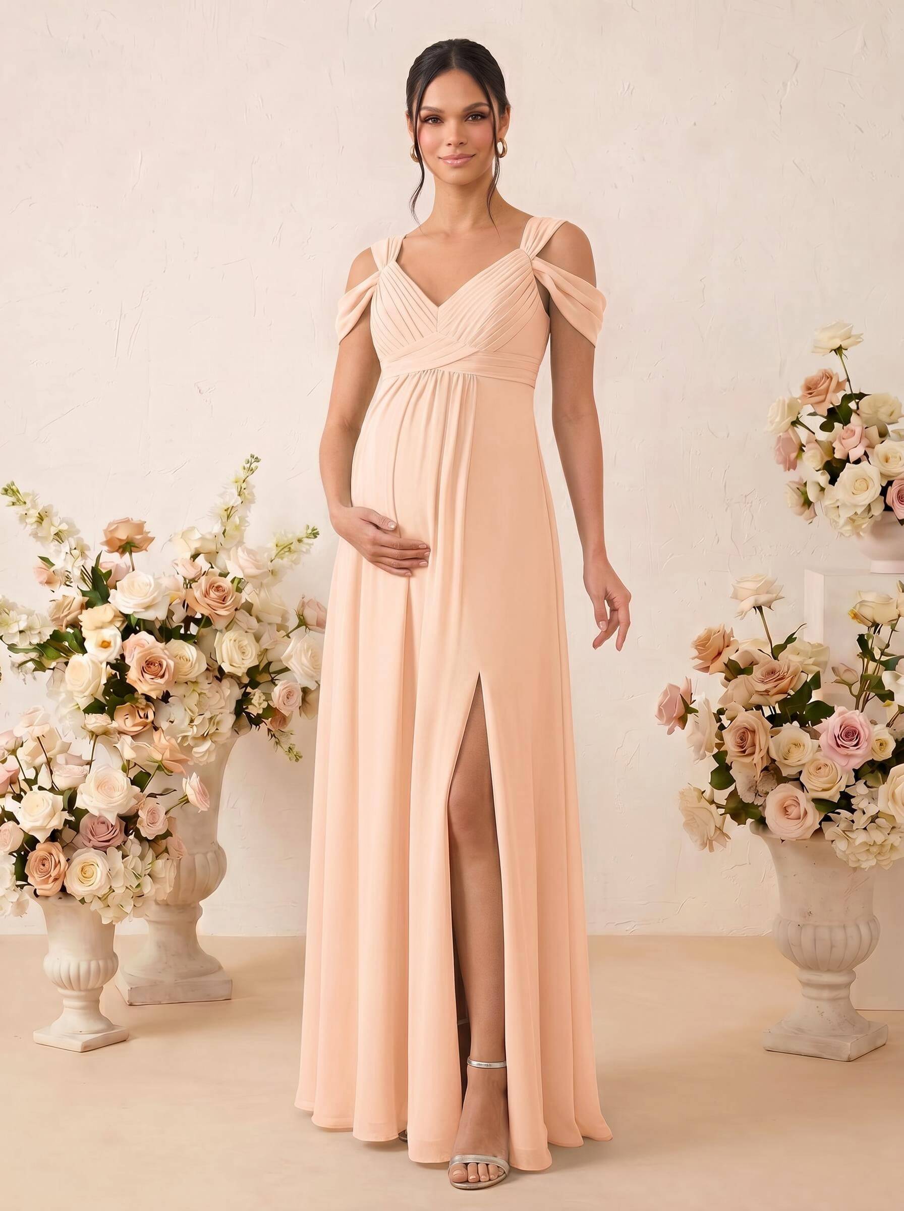 A-Line V-Neck Sleeveless Floor-Length Chiffon Maternity Bridesmaid Dresses With High Split, product image 24
