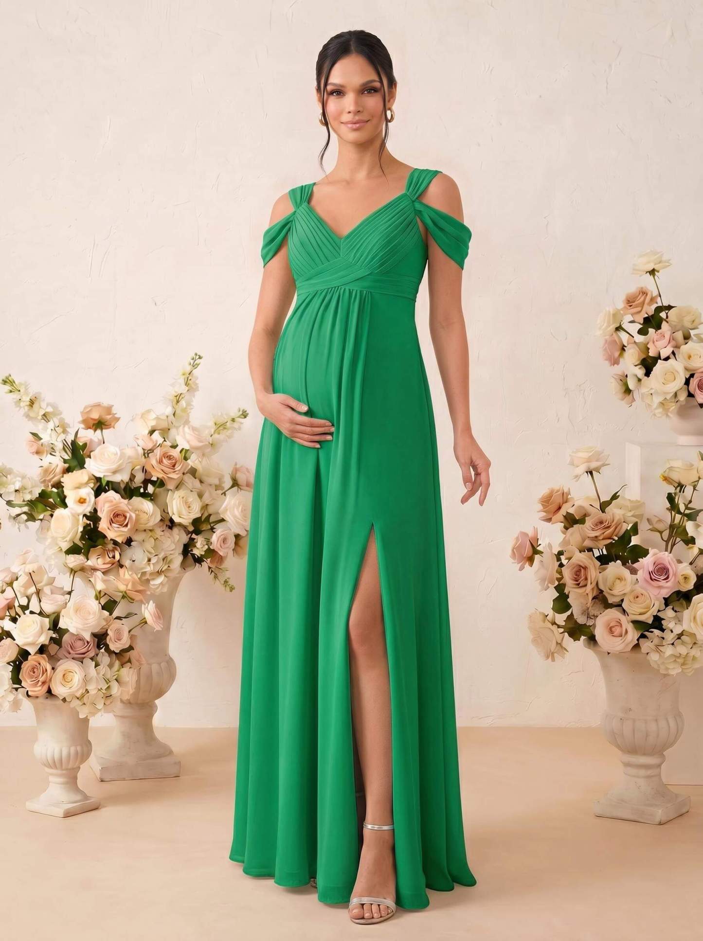 A-Line V-Neck Sleeveless Floor-Length Chiffon Maternity Bridesmaid Dresses With High Split, product image 66