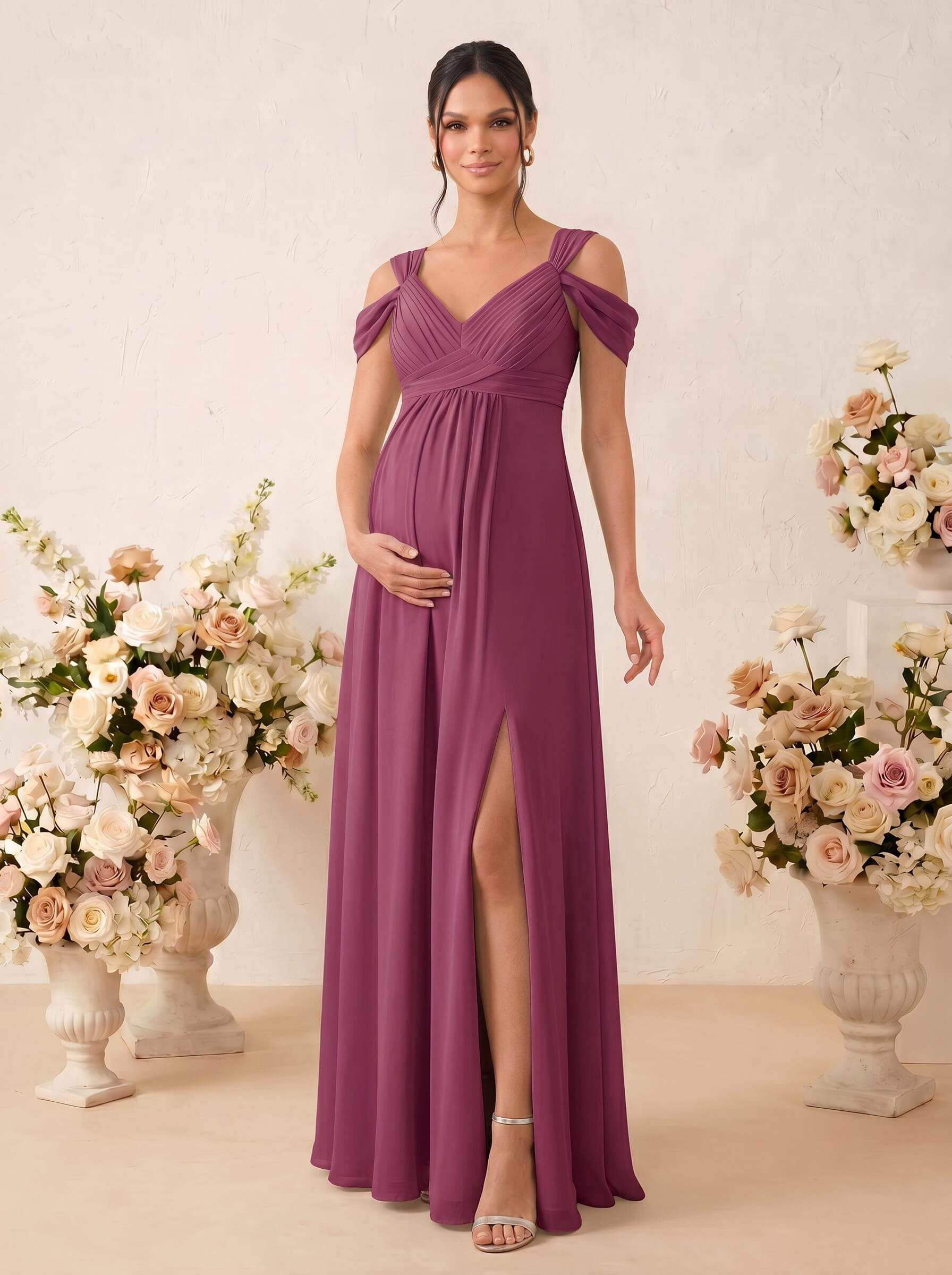 A-Line V-Neck Sleeveless Floor-Length Chiffon Maternity Bridesmaid Dresses With High Split, product image 19