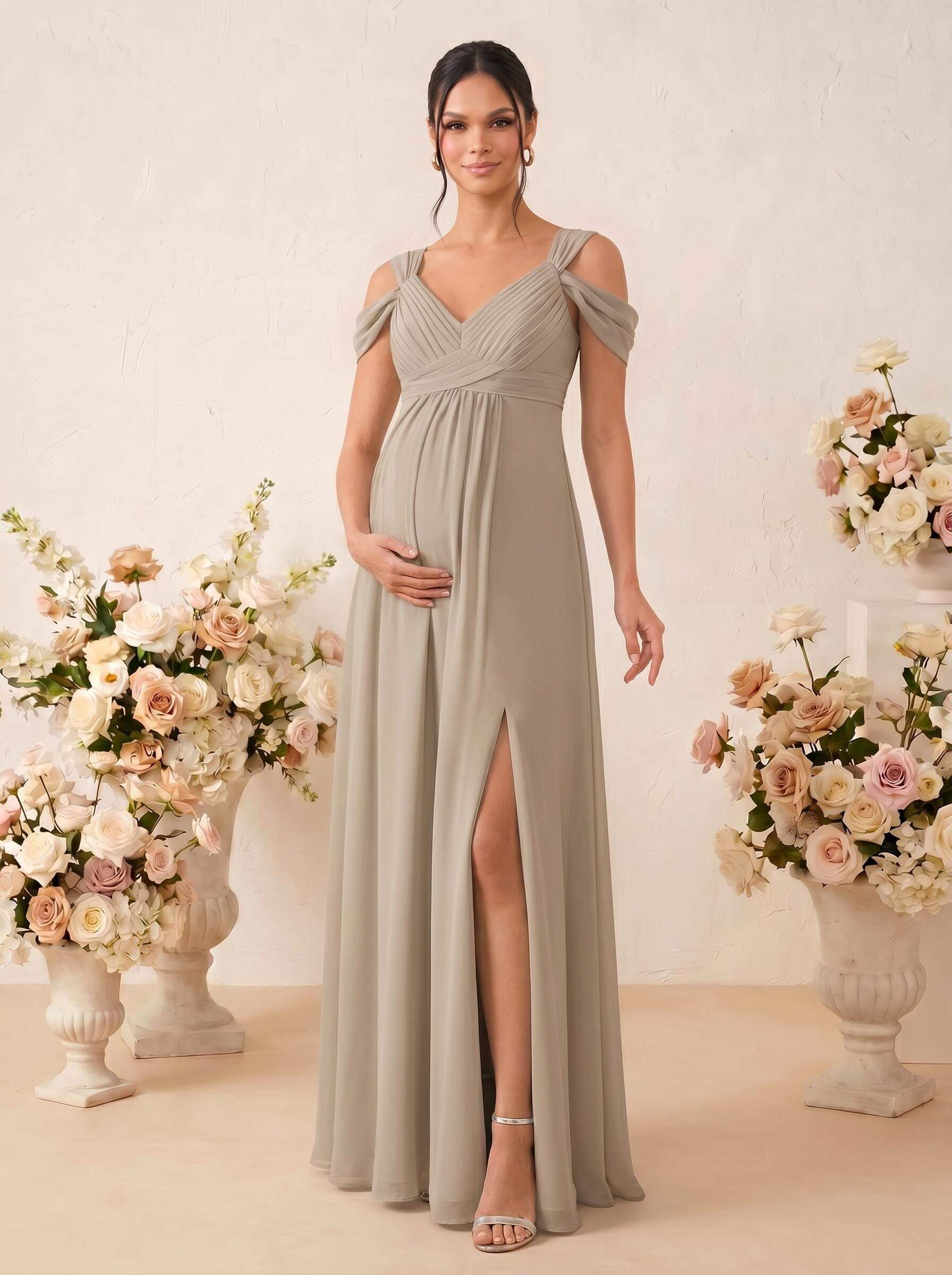 A-Line V-Neck Sleeveless Floor-Length Chiffon Maternity Bridesmaid Dresses With High Split, product image 51