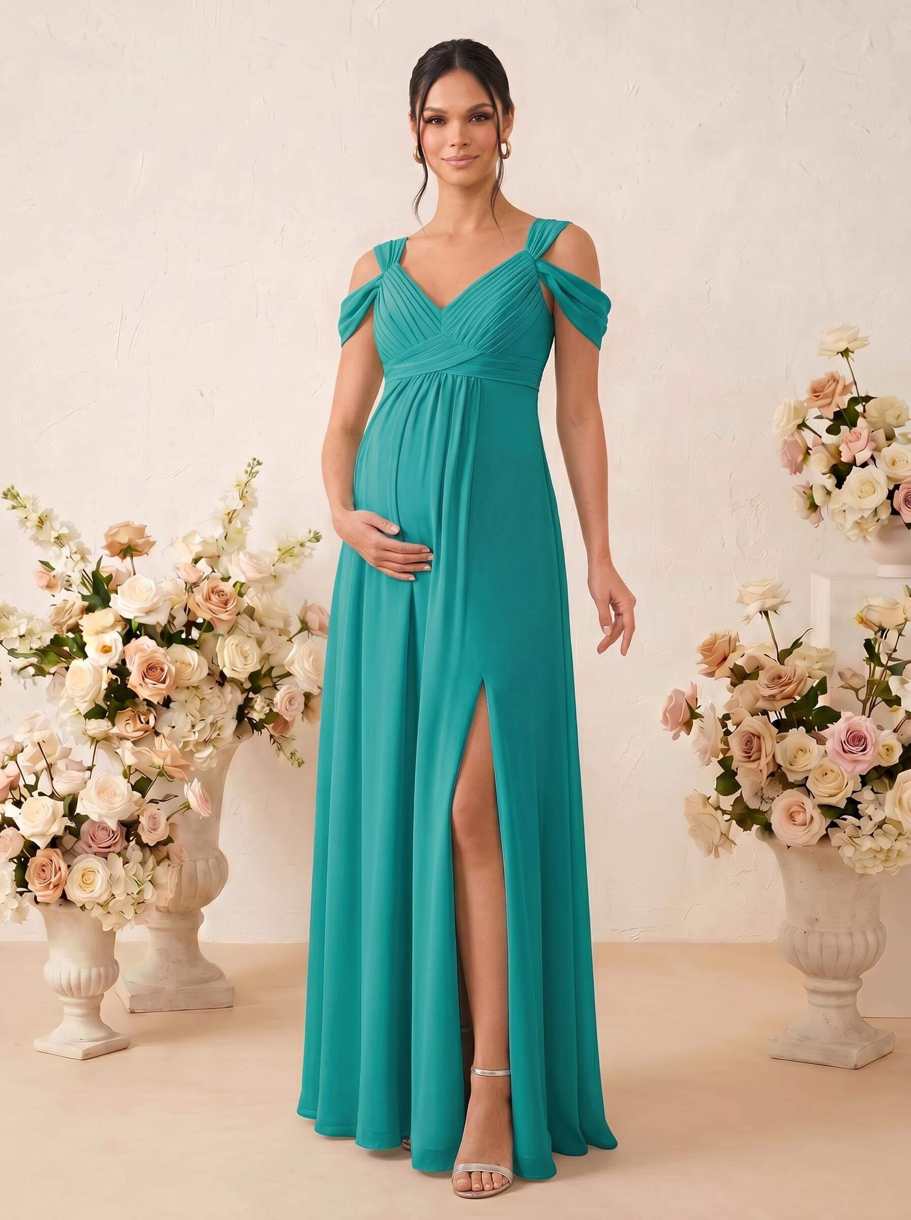A-Line V-Neck Sleeveless Floor-Length Chiffon Maternity Bridesmaid Dresses With High Split, product image 46