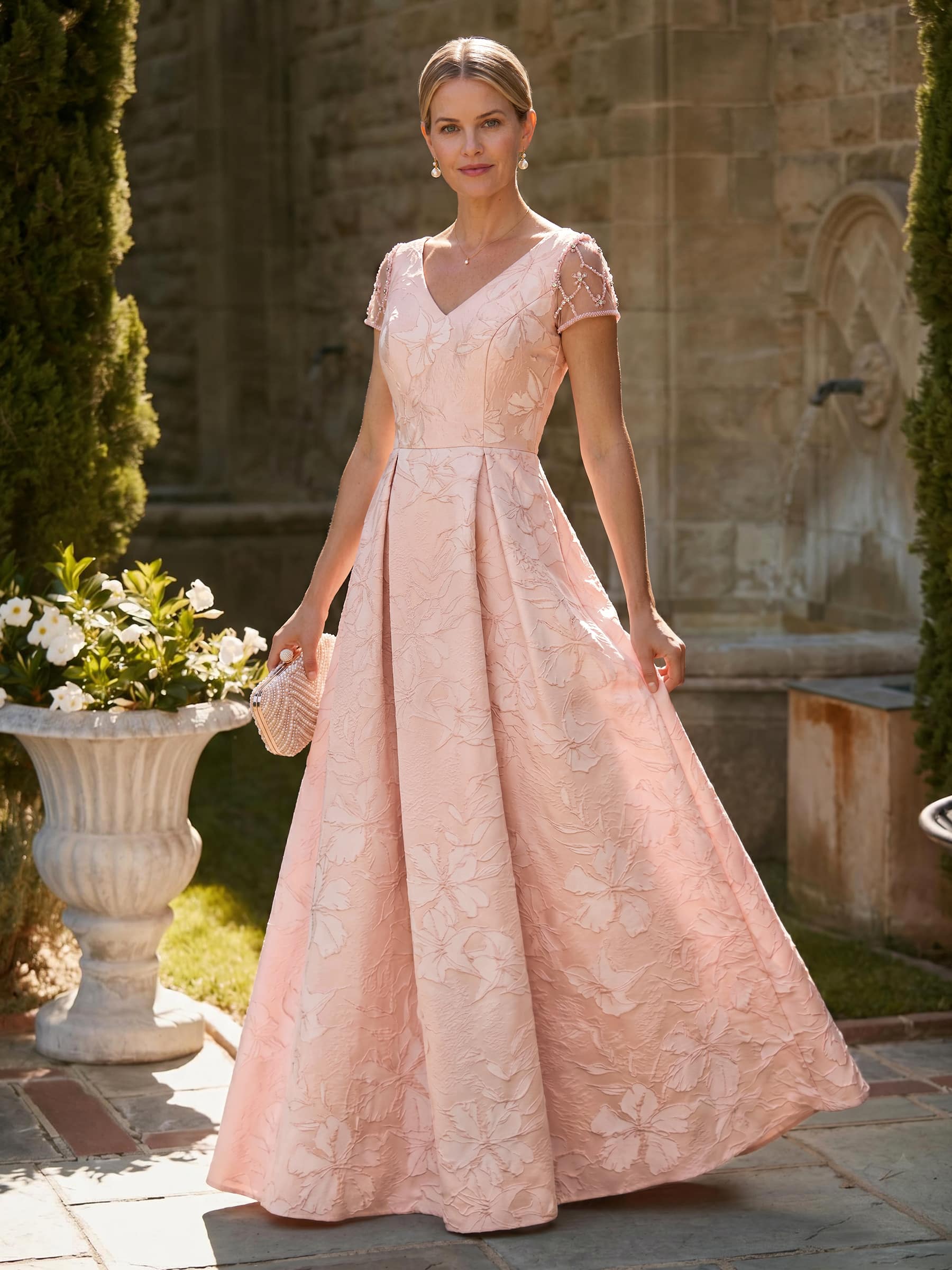 A-Line V-Neck Short Sleeves Floor-Length Jacquard Mother Of The Bride Dresses, image 1