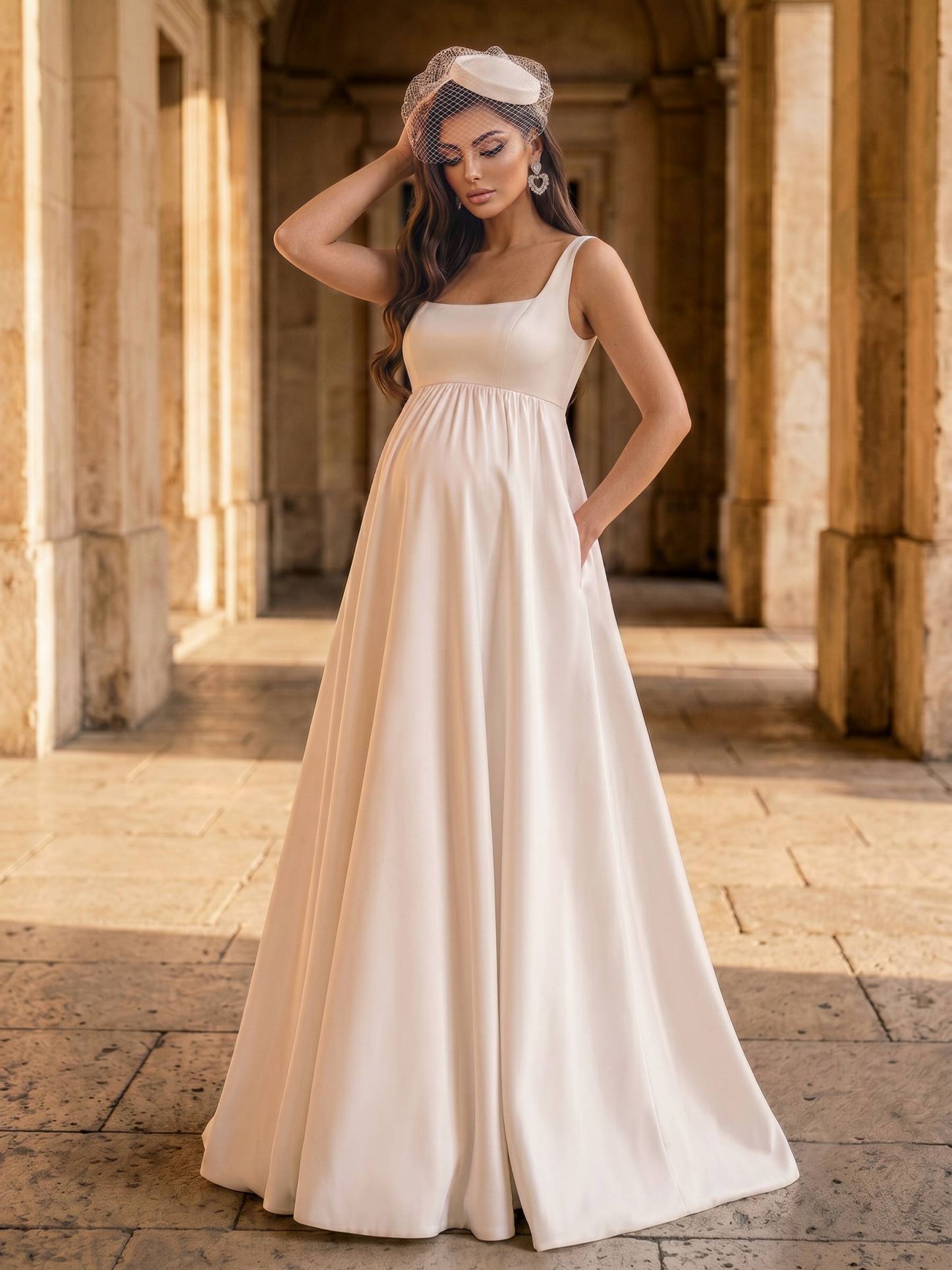 A-Line Satin Maternity Wedding Dresses Square Neckline Sleeveless Sweep Train in Ivory, US2