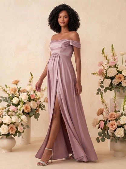 A-Line Off-The-Shoulder Sleeveless Floor-Length Satin Maternity Bridesmaid Dresses With Split Front