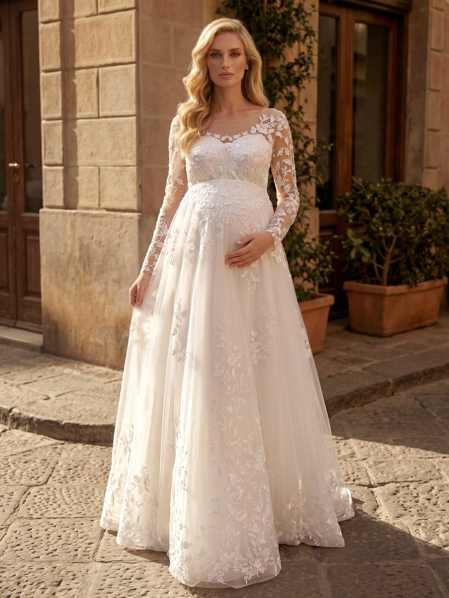 A-Line Chiffon Tulle Maternity Wedding Dresses Scoop Neck Long Sleeves With Appliques/Lace in Ivory, US2