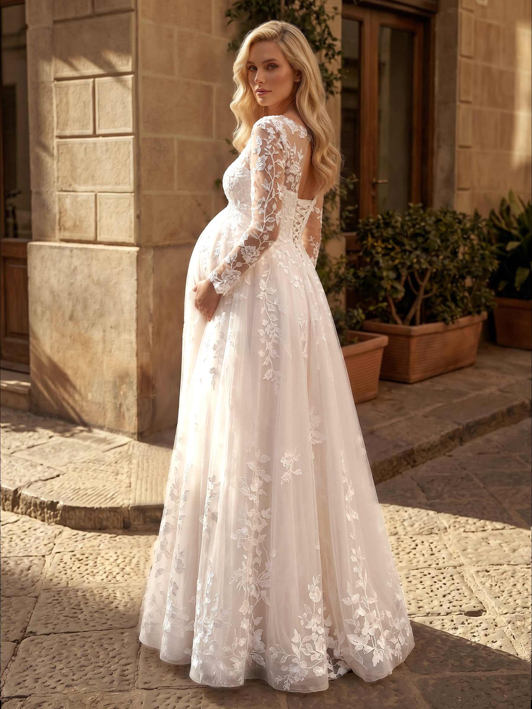 A-Line Chiffon Tulle Maternity Wedding Dresses Scoop Neck Long Sleeves With Appliques/Lace, product image 3