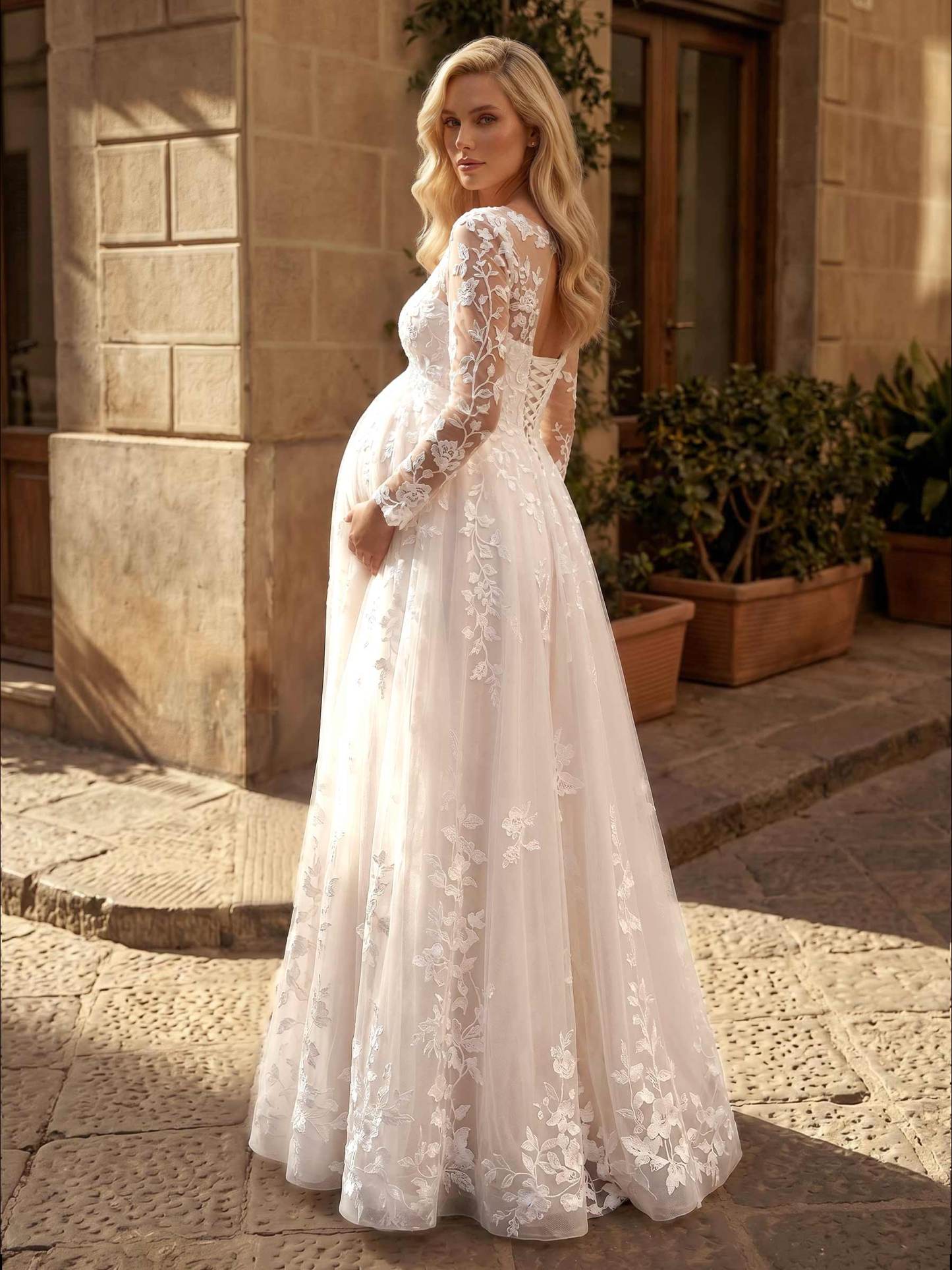 A-Line Chiffon Tulle Maternity Wedding Dresses Scoop Neck Long Sleeves With Appliques/Lace, product image 3