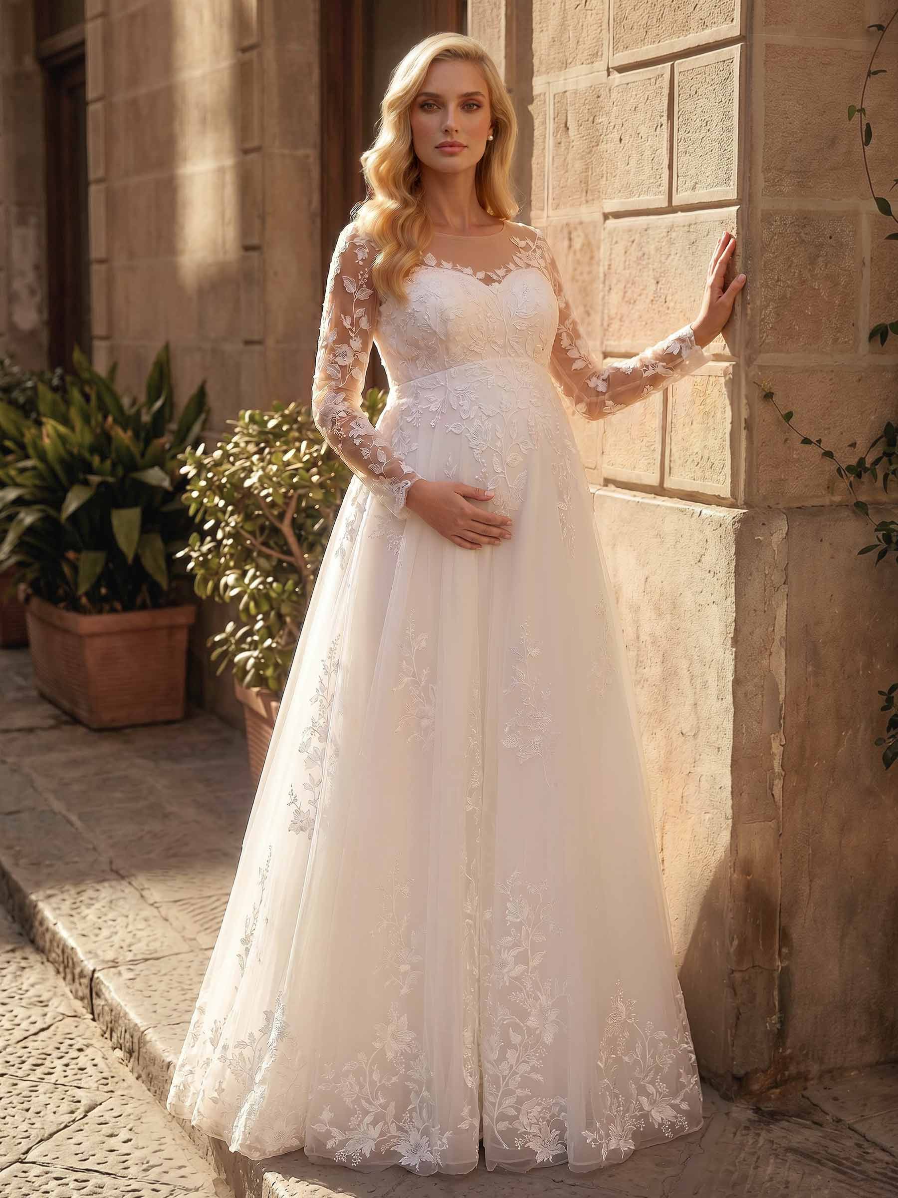 A-Line Chiffon Tulle Maternity Wedding Dresses Scoop Neck Long Sleeves With Appliques/Lace, product image 2