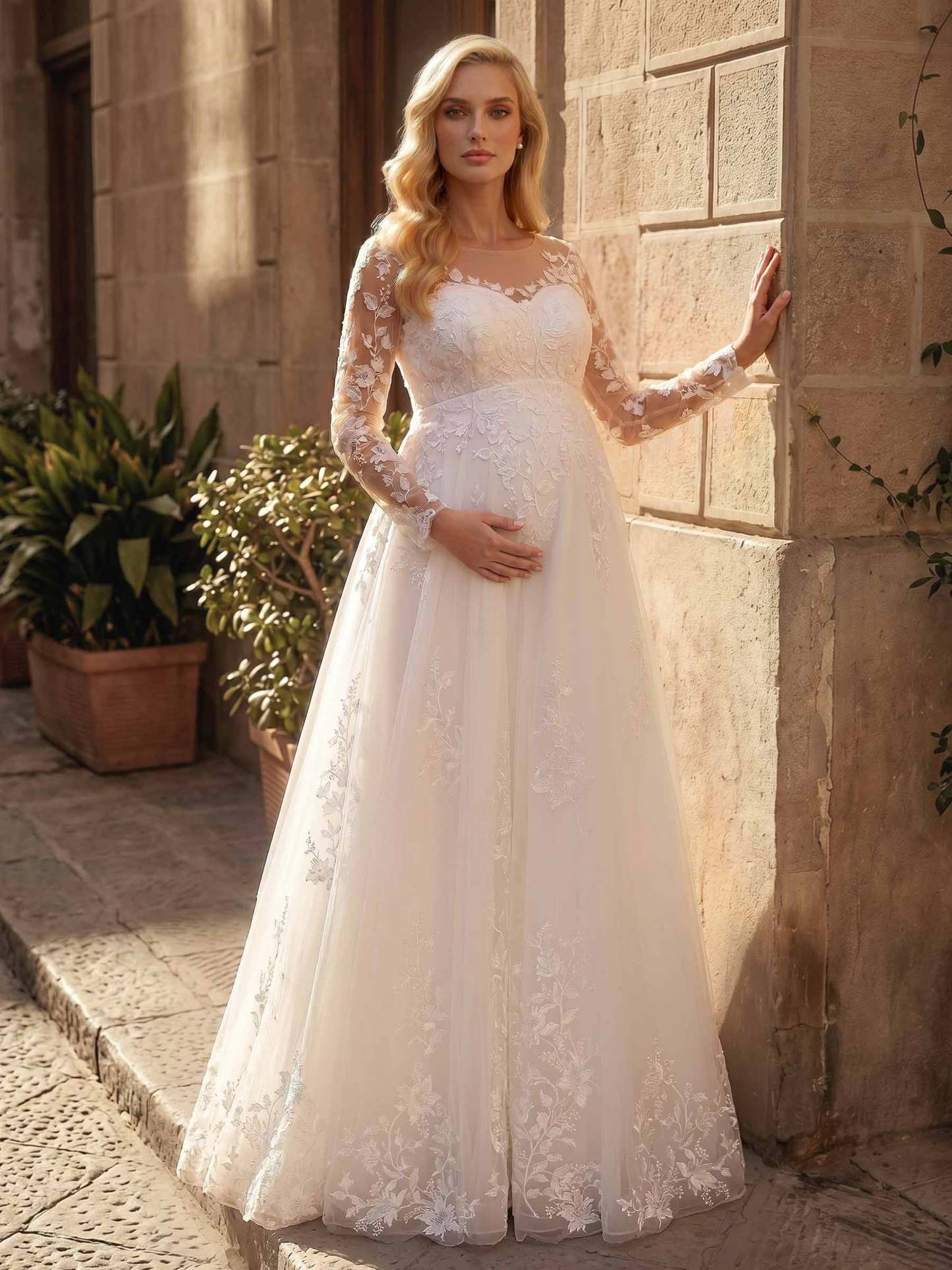 A-Line Chiffon Tulle Maternity Wedding Dresses Scoop Neck Long Sleeves With Appliques/Lace, product image 2