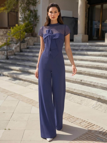 Jumpsuit/Pantsuit High Neck Short Sleeves Floor-Length Tulle/Elastic Satin Evening Dresses in Stormy, US2