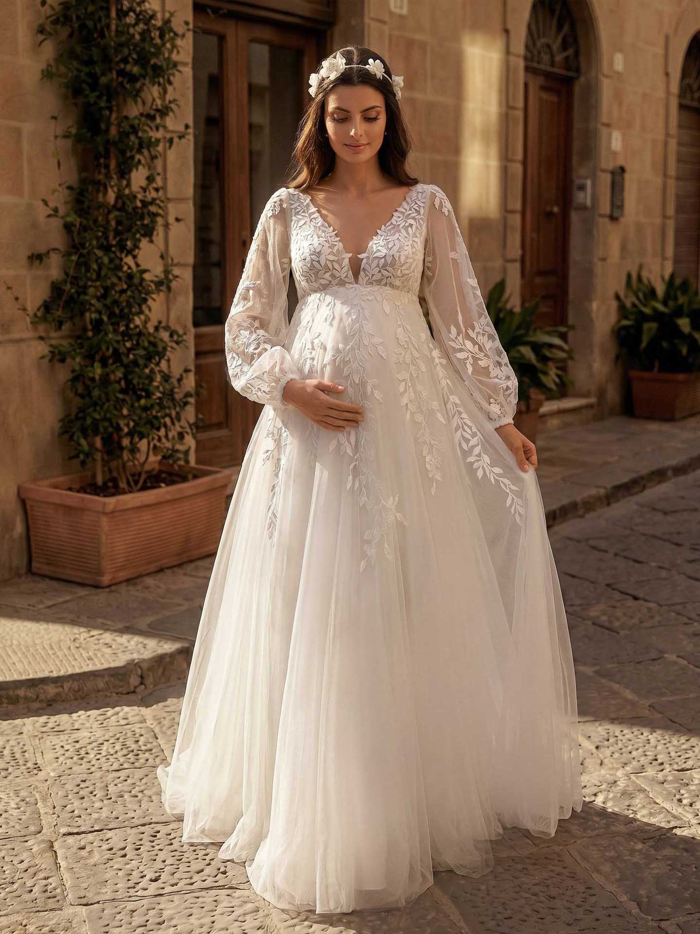 A-Line Satin Tulle Maternity Wedding Dresses V-Neck Long Sleeves With Appliques/Lace, product image 1
