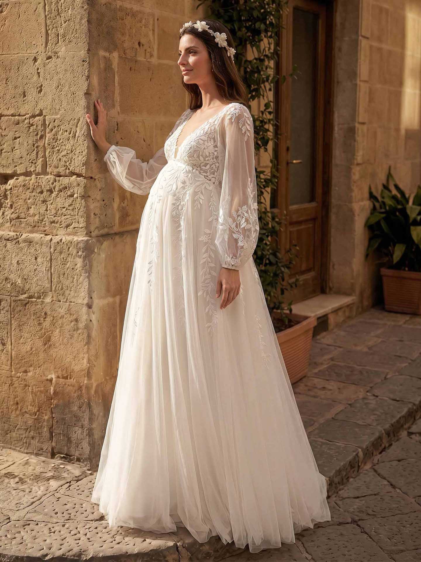 A-Line Satin Tulle Maternity Wedding Dresses V-Neck Long Sleeves With Appliques/Lace, product image 2