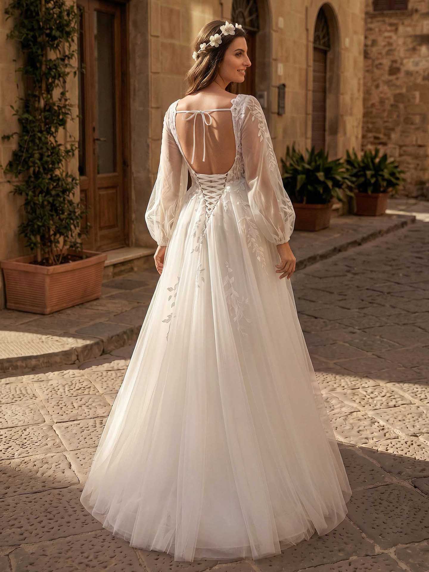 A-Line Satin Tulle Maternity Wedding Dresses V-Neck Long Sleeves With Appliques/Lace, product image 3