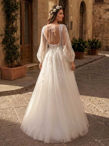 A-Line Satin Tulle Maternity Wedding Dresses V-Neck Long Sleeves With Appliques/Lace