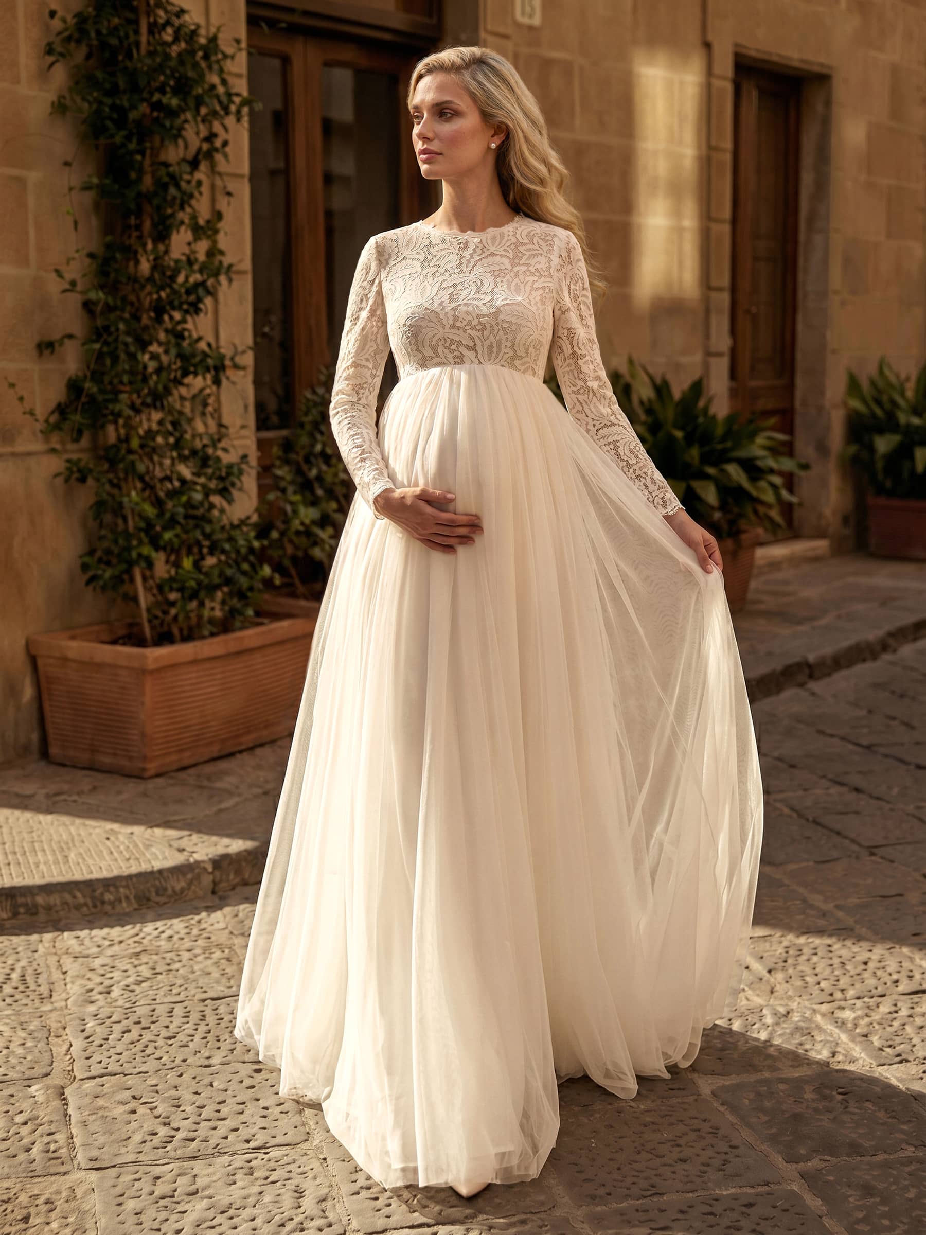 A-Line Satin Tulle Maternity Wedding Dresses Scoop Neck Long Sleeves With Lace in Ivory, US2