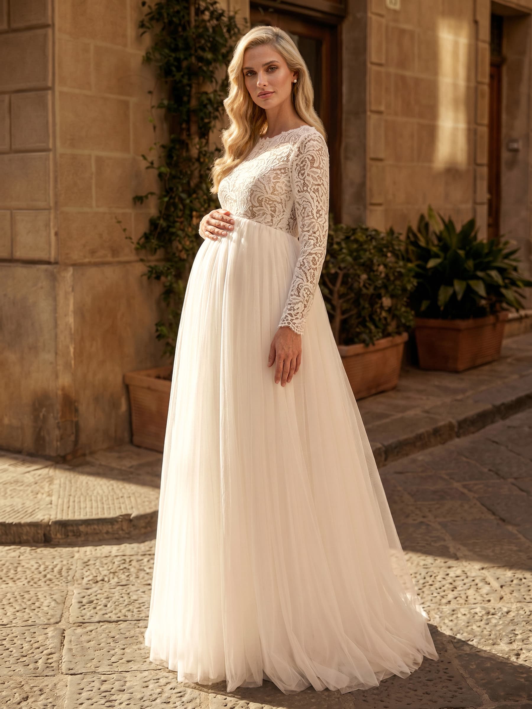A-Line Satin Tulle Maternity Wedding Dresses Scoop Neck Long Sleeves With Lace, product image 2