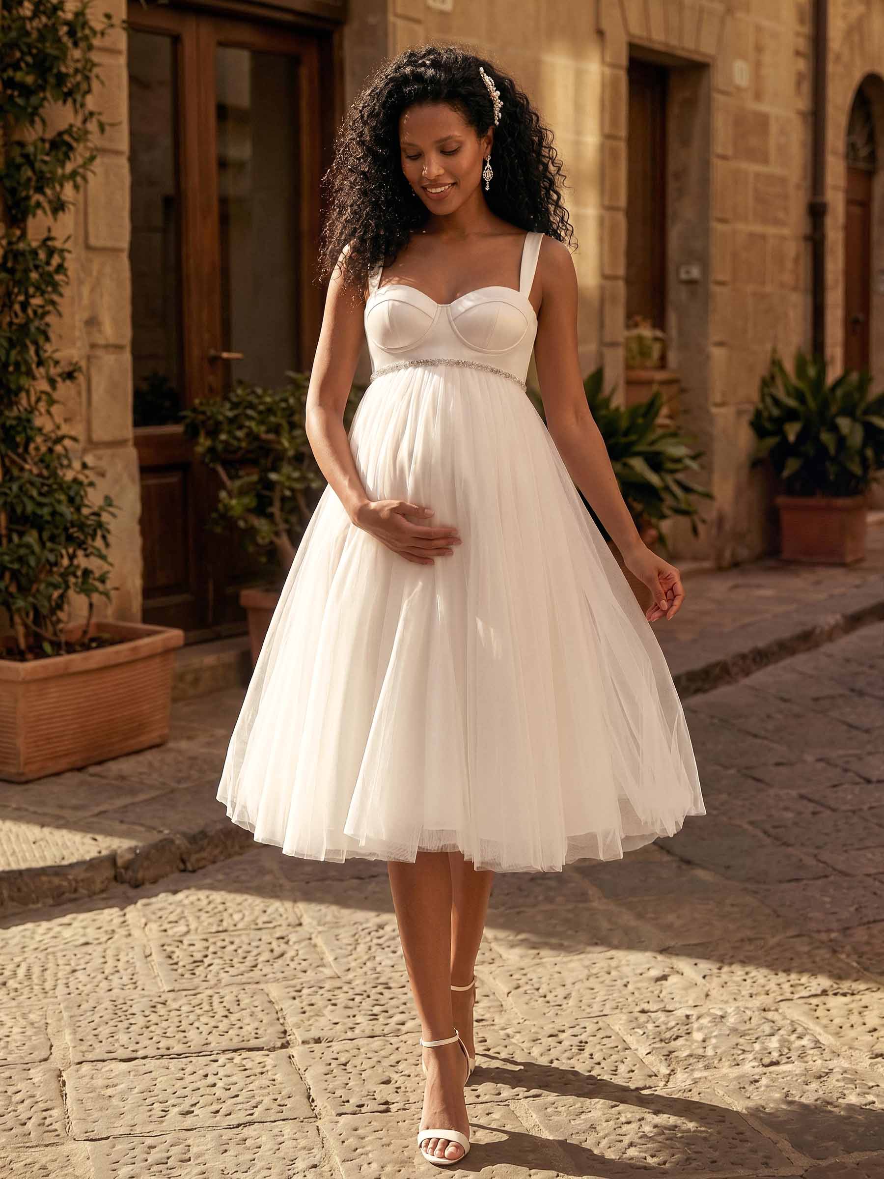 A-Line Satin Tulle Maternity Wedding Dresses Sweetheart Sleeveless Tea-Length, product image 1
