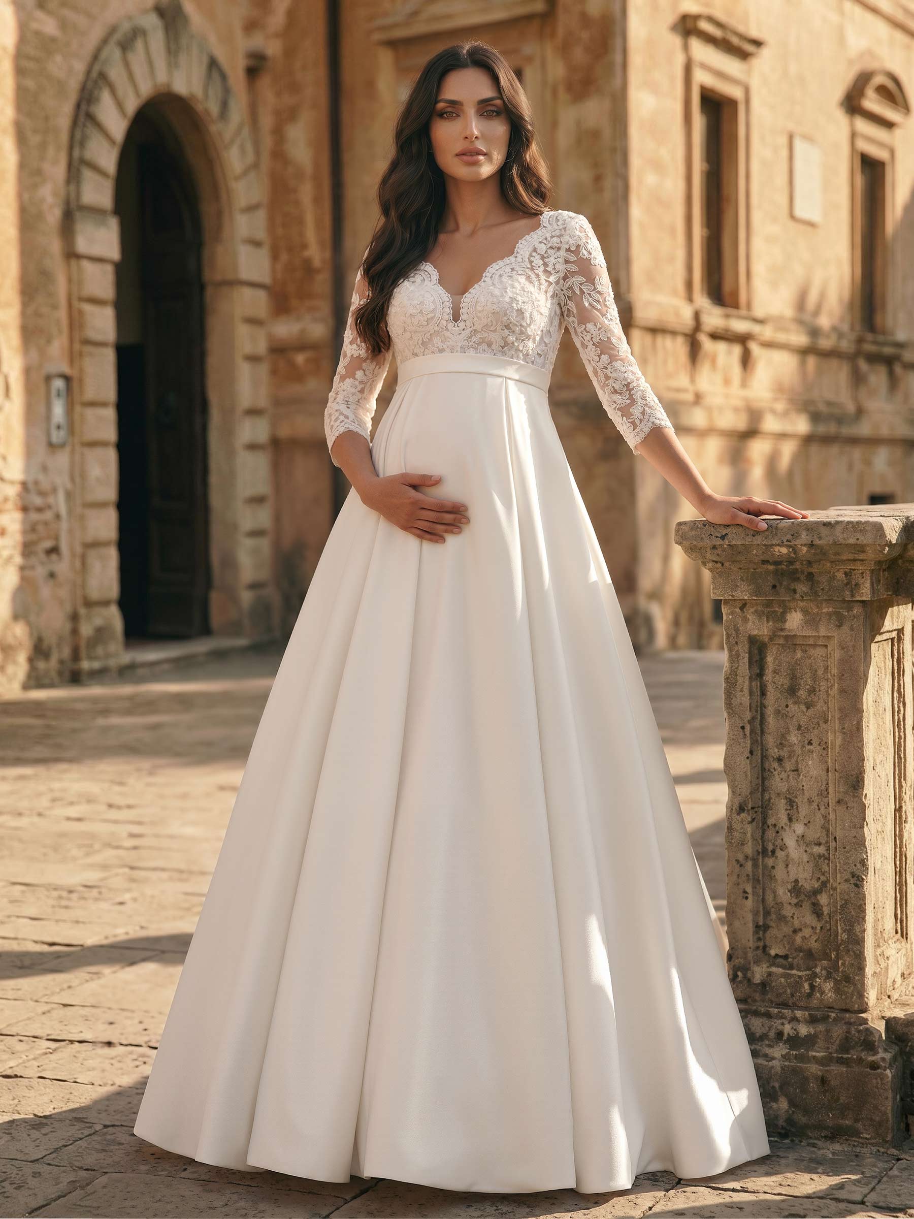 A-Line Satin Tulle Maternity Wedding Dresses V-Neck 3/4 Sleeves With Appliques/Lace, product image 1