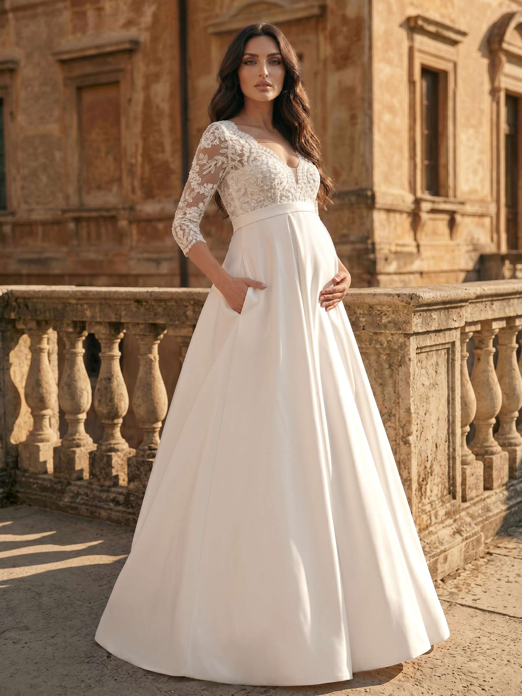 A-Line Satin Tulle Maternity Wedding Dresses V-Neck 3/4 Sleeves With Appliques/Lace, product image 2