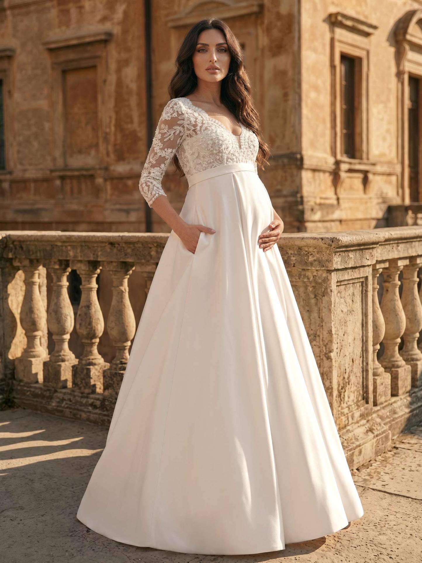 A-Line Satin Tulle Maternity Wedding Dresses V-Neck 3/4 Sleeves With Appliques/Lace, product image 2