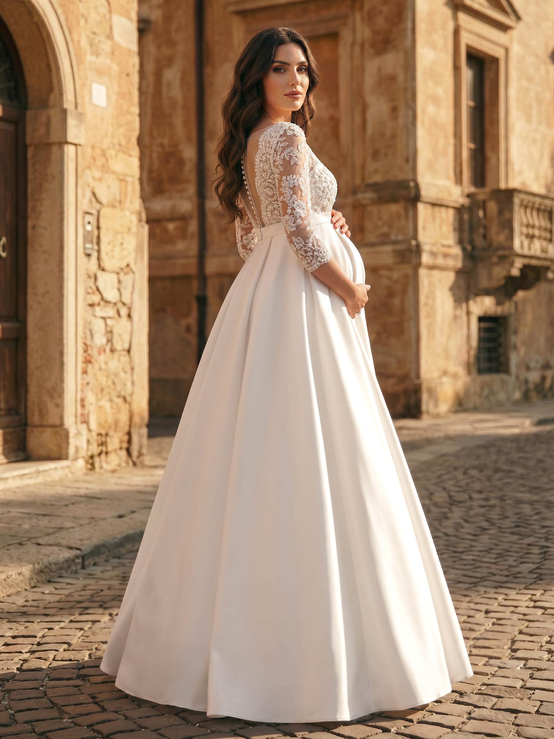 A-Line Satin Tulle Maternity Wedding Dresses V-Neck 3/4 Sleeves With Appliques/Lace, product image 3