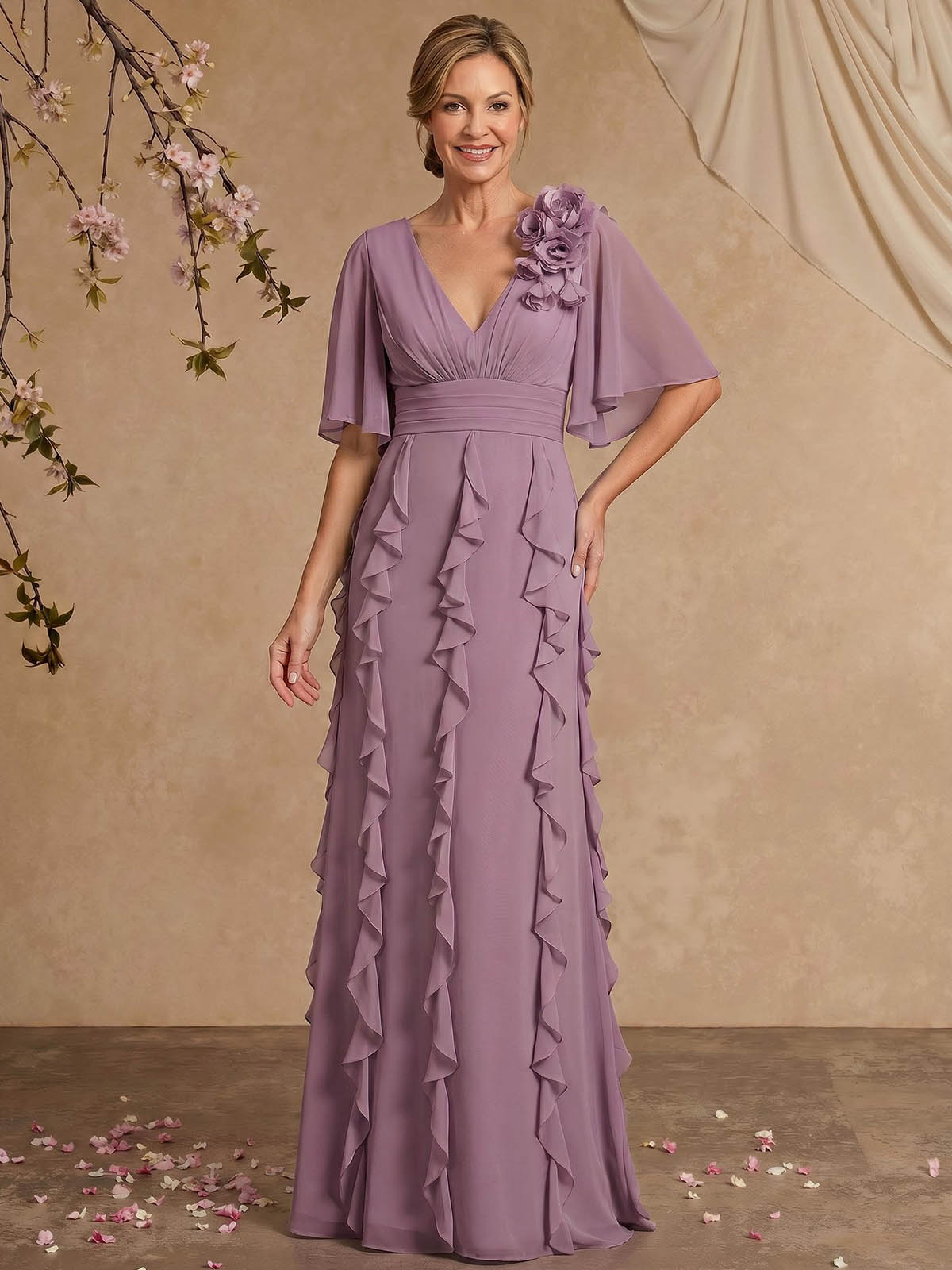 Sheath/Column V-Neck 1/2 Sleeves Floor-Length Chiffon Mother Of The Bride Dresses, image 1
