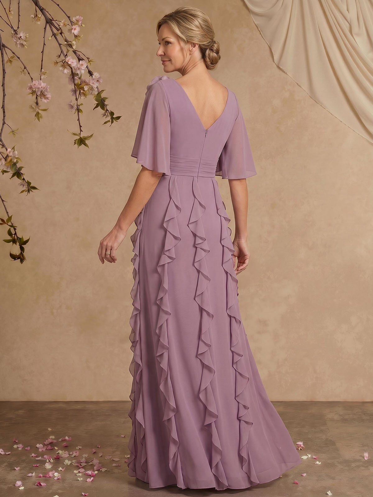Sheath/Column V-Neck 1/2 Sleeves Floor-Length Chiffon Mother Of The Bride Dresses, image 2