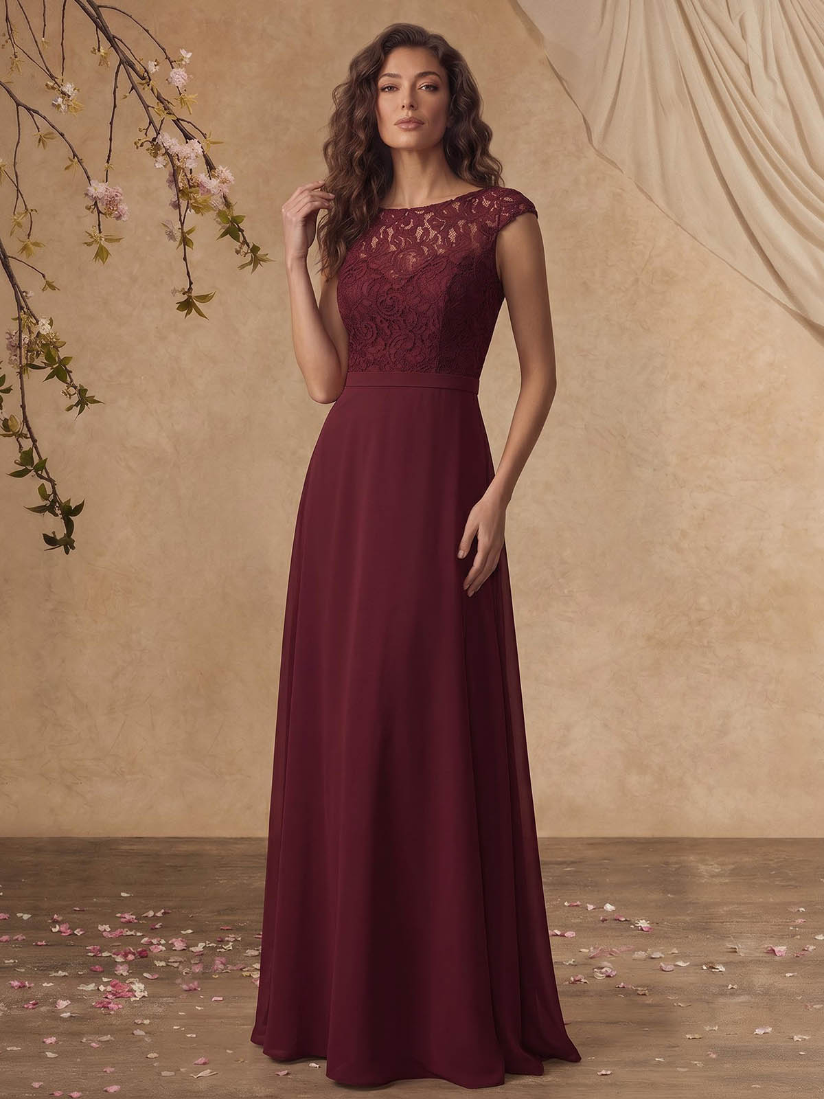 Sheath/Column Scoop Neck Short Sleeves Floor-Length Chiffon/Lace Mother Of The Bride Dresses in Cabernet, US2