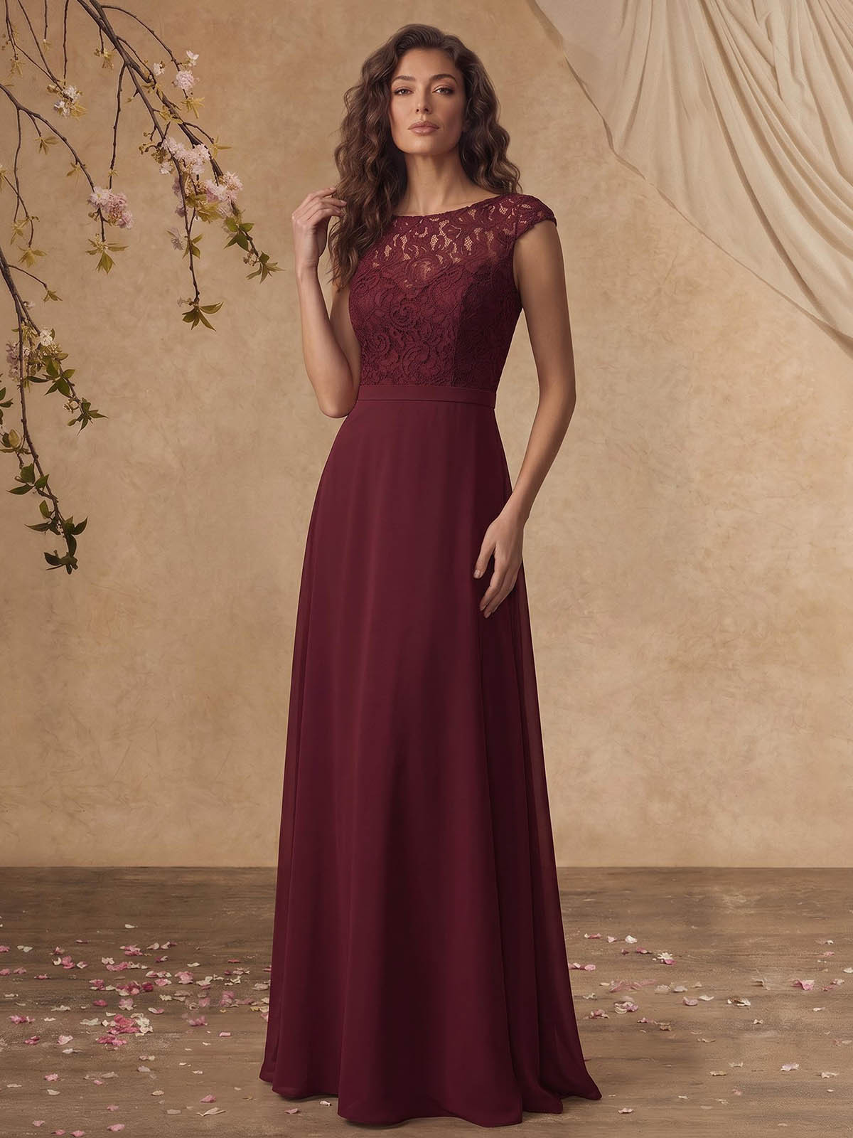 Sheath/Column Scoop Neck Short Sleeves Floor-Length Chiffon/Lace Mother Of The Bride Dresses in Cabernet, US2