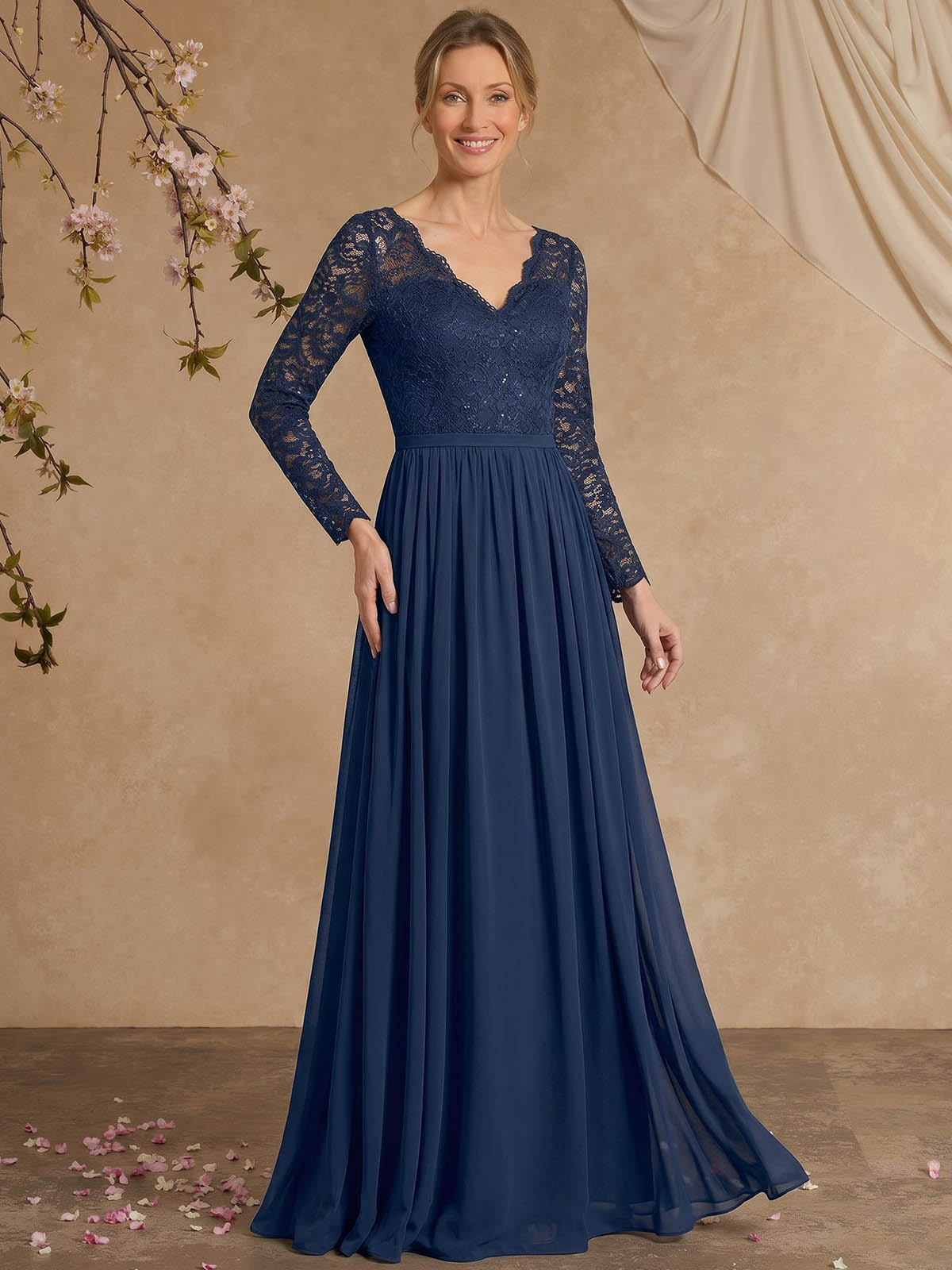 A-Line V-Neck Long Sleeves Floor-Length Chiffon/Lace Mother Of The Bride Dresses, image 1