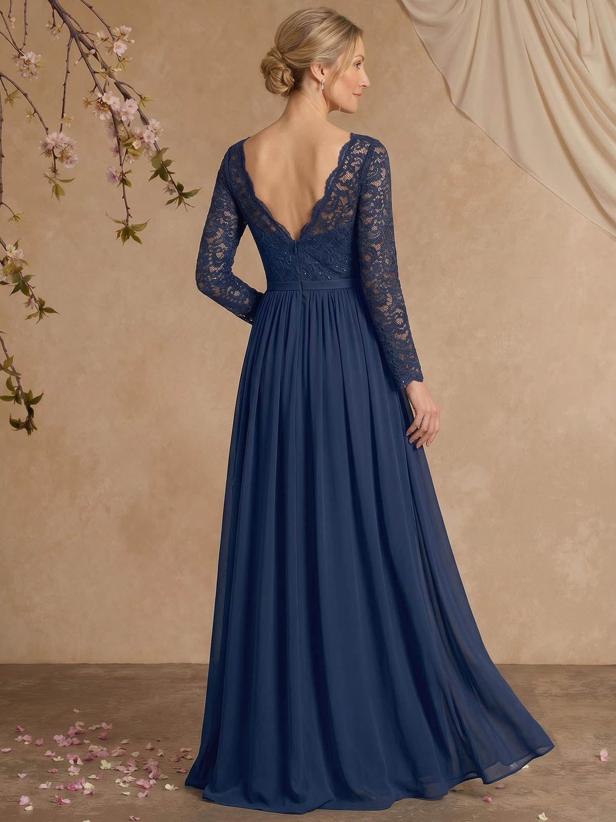 A-Line V-Neck Long Sleeves Floor-Length Chiffon/Lace Mother Of The Bride Dresses, image 2