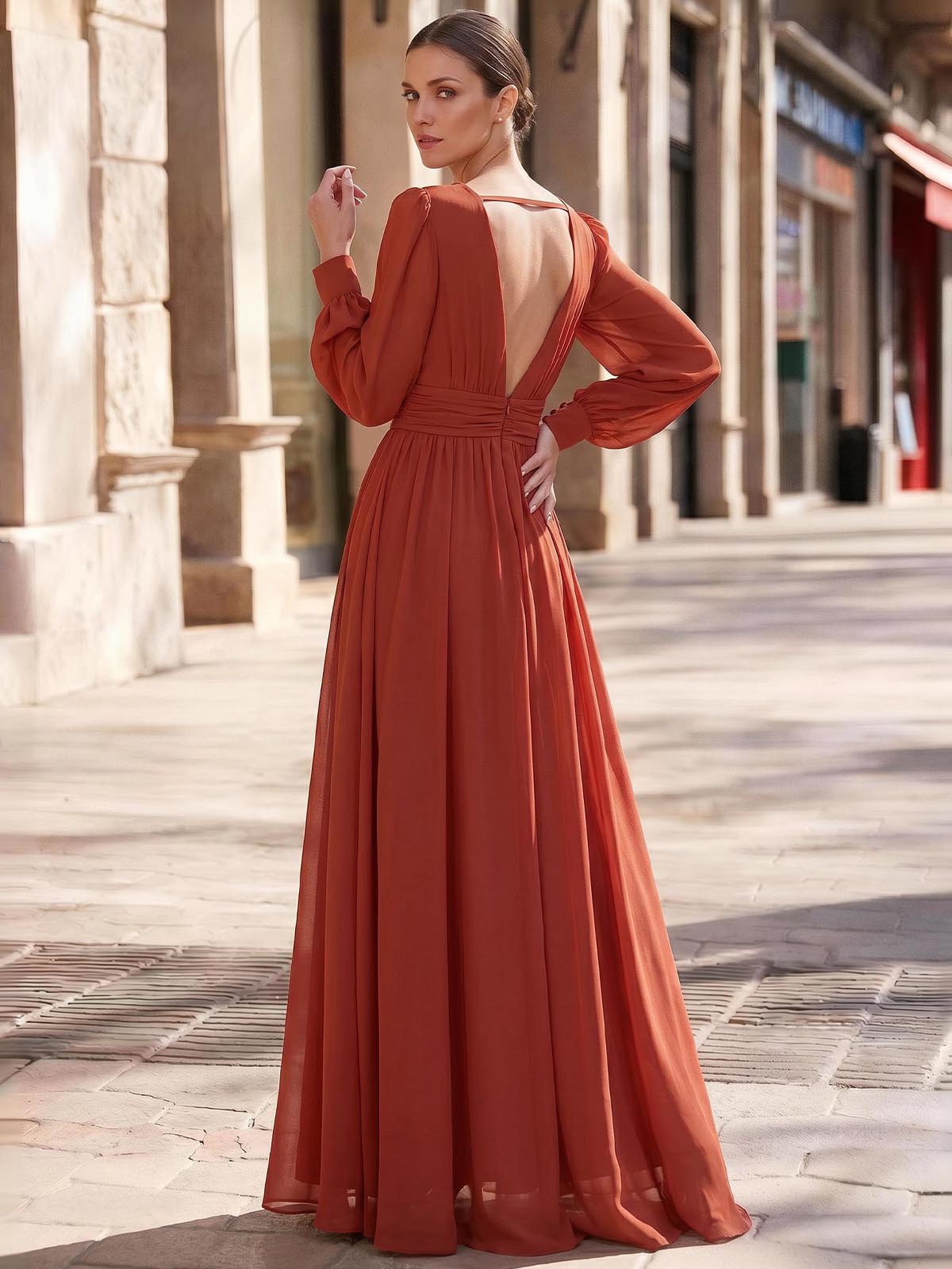 A-Line Plunge Neck Long Sleeves Sweep Train Chiffon Evening Dresses With Split Front, supplier image 2
