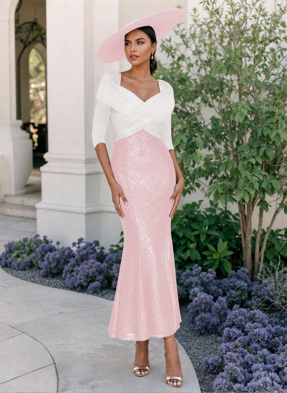 Trumpet/Mermaid V-Neck 3/4 Sleeves Ankle-Length Sequined Mother Of The Bride Dresses