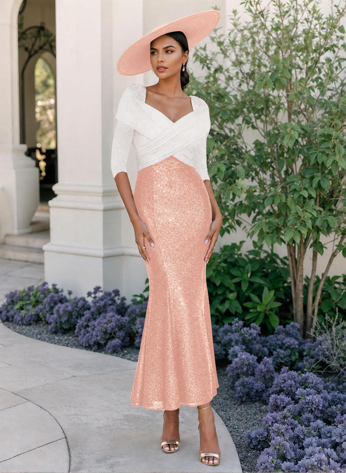 Trumpet/Mermaid V-Neck 3/4 Sleeves Ankle-Length Sequined Mother Of The Bride Dresses
