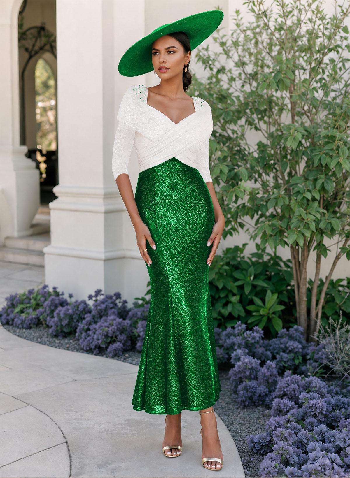 Trumpet/Mermaid V-Neck 3/4 Sleeves Ankle-Length Sequined Mother Of The Bride Dresses