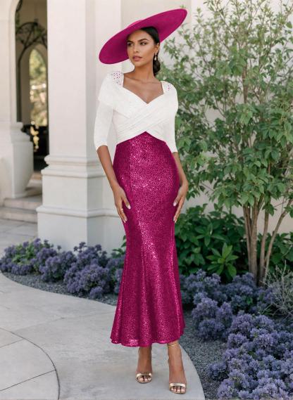 Trumpet/Mermaid V-Neck 3/4 Sleeves Ankle-Length Sequined Mother Of The Bride Dresses