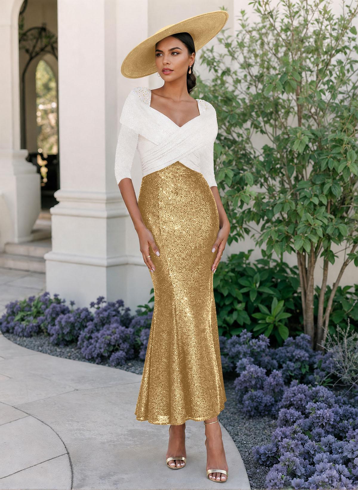 Trumpet/Mermaid V-Neck 3/4 Sleeves Ankle-Length Sequined Mother Of The Bride Dresses