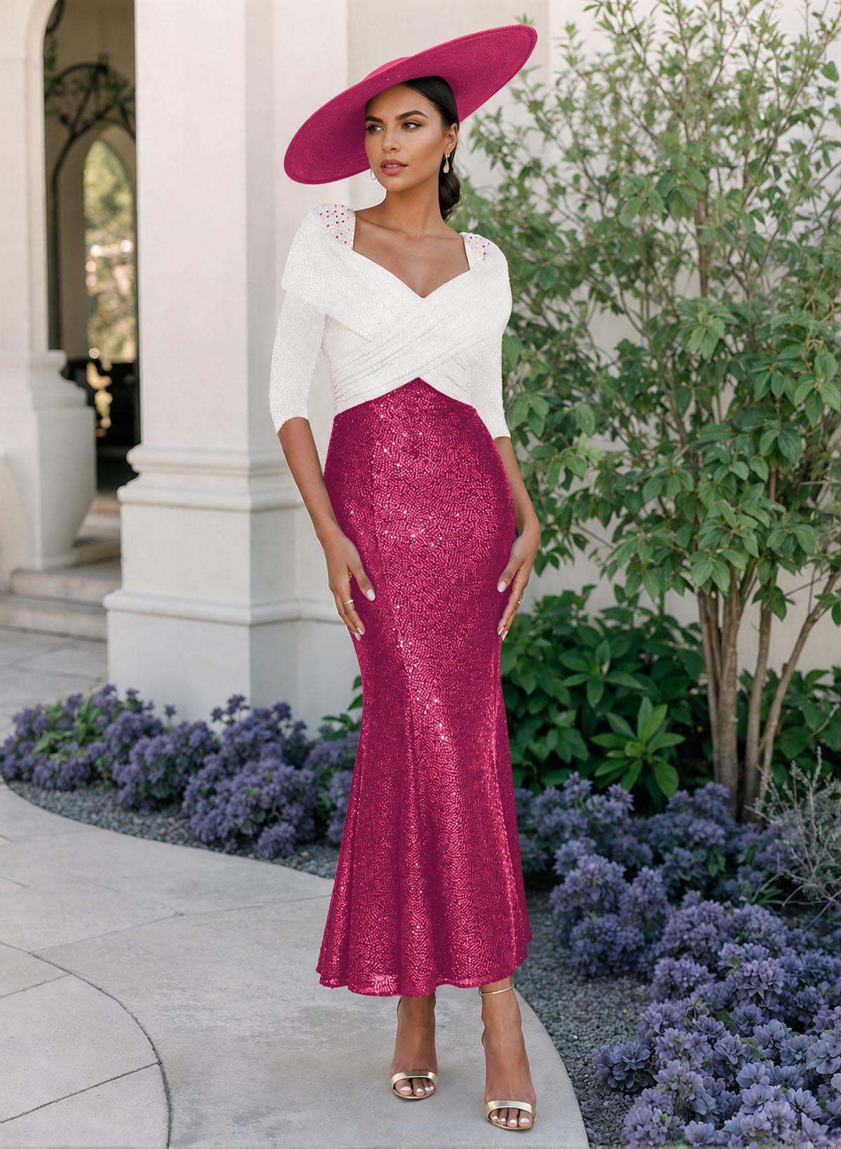 Trumpet/Mermaid V-Neck 3/4 Sleeves Ankle-Length Sequined Mother Of The Bride Dresses