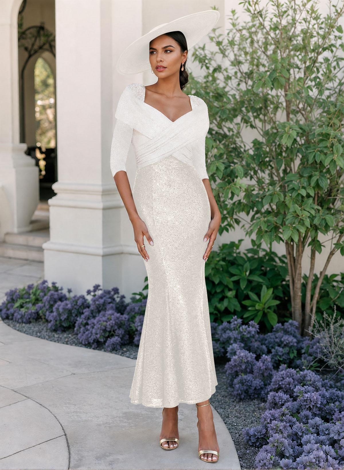 Trumpet/Mermaid V-Neck 3/4 Sleeves Ankle-Length Sequined Mother Of The Bride Dresses