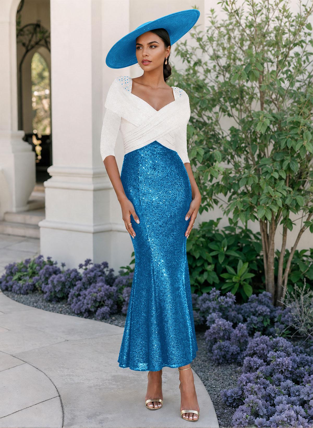 Trumpet/Mermaid V-Neck 3/4 Sleeves Ankle-Length Sequined Mother Of The Bride Dresses