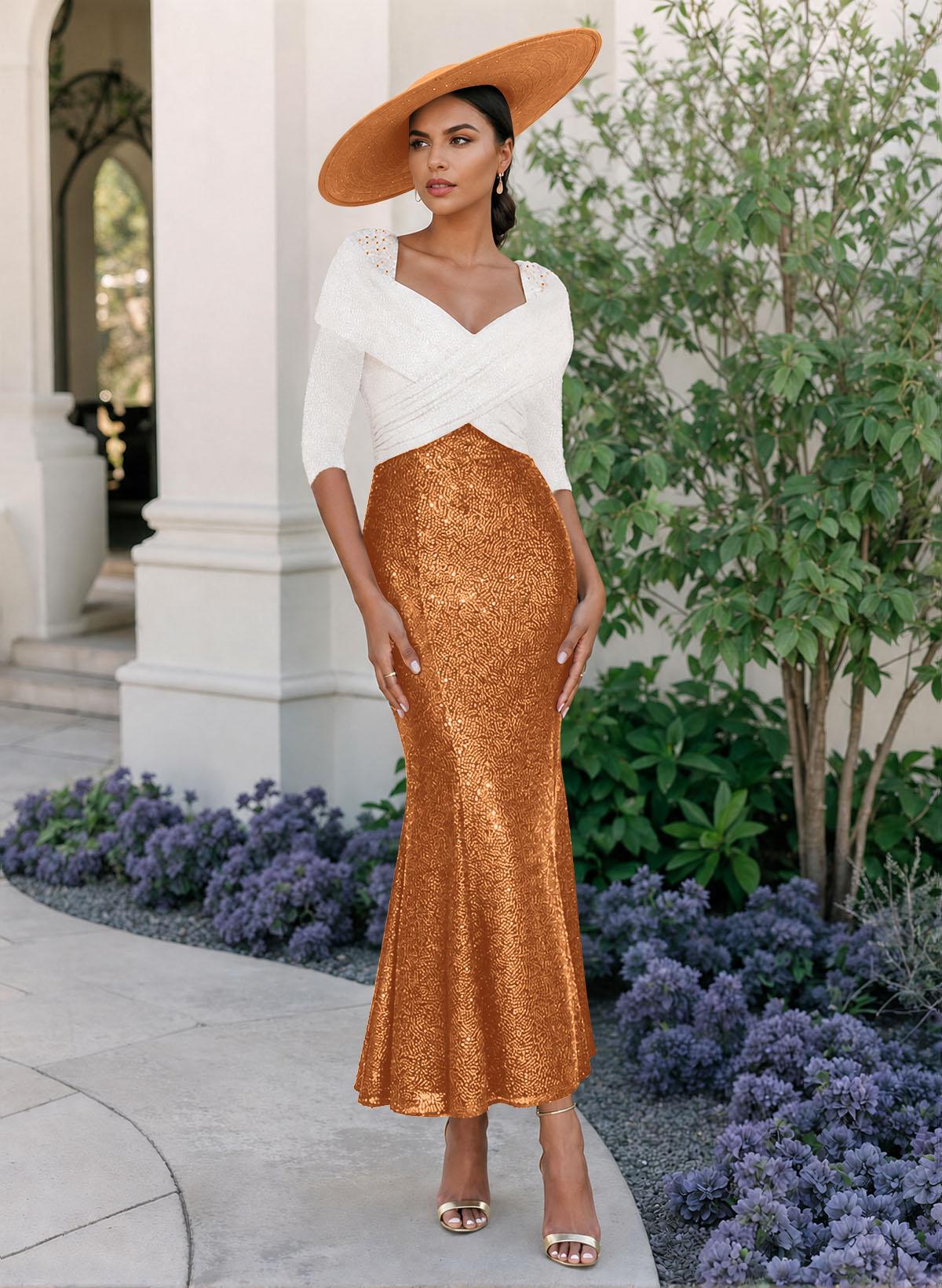 Trumpet/Mermaid V-Neck 3/4 Sleeves Ankle-Length Sequined Mother Of The Bride Dresses