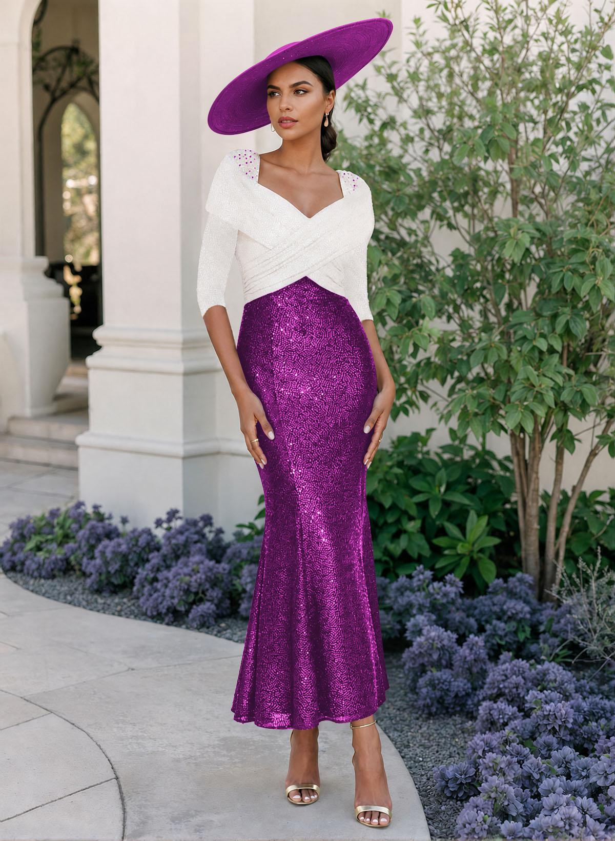 Trumpet/Mermaid V-Neck 3/4 Sleeves Ankle-Length Sequined Mother Of The Bride Dresses