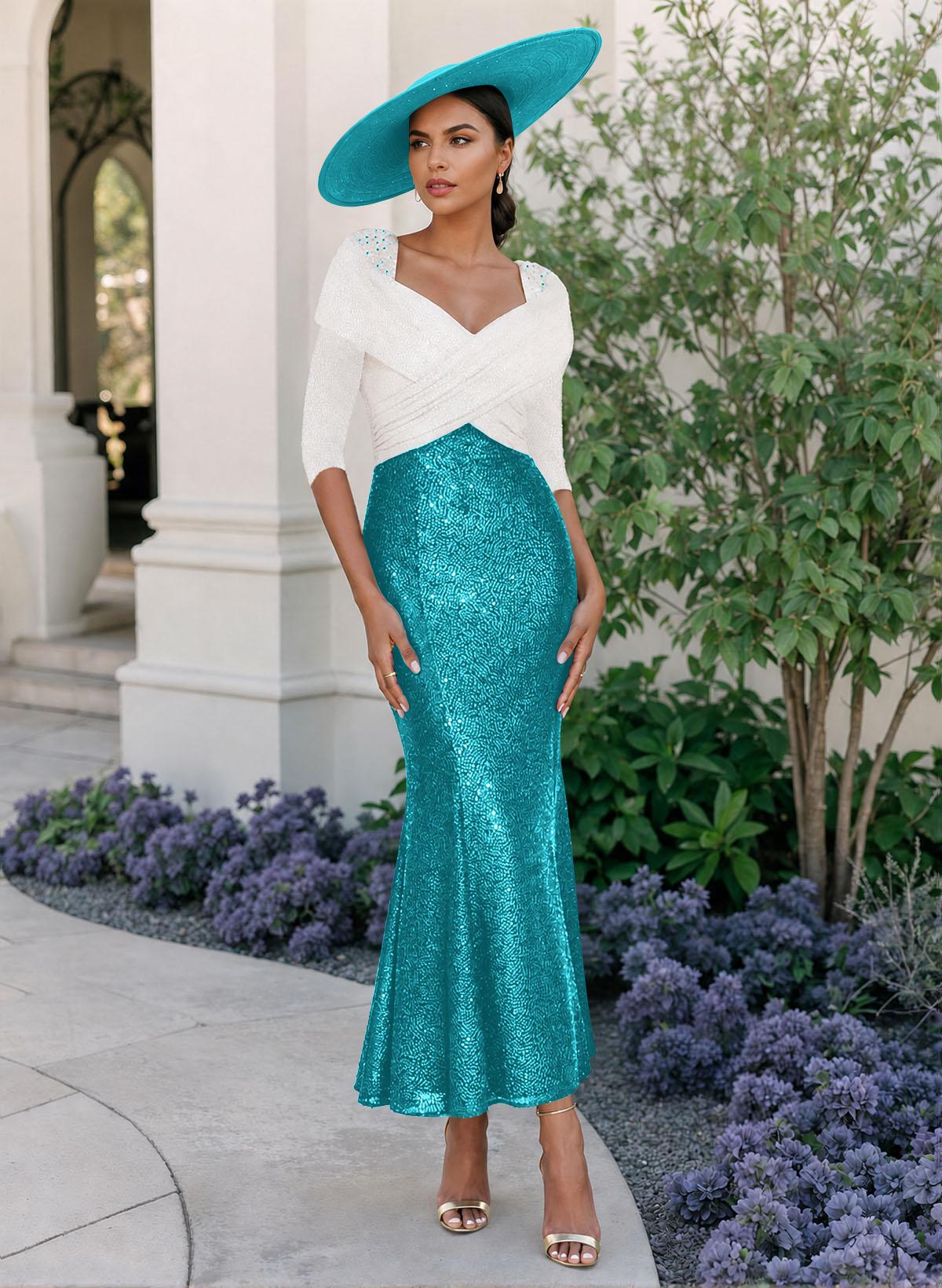 Trumpet/Mermaid V-Neck 3/4 Sleeves Ankle-Length Sequined Mother Of The Bride Dresses