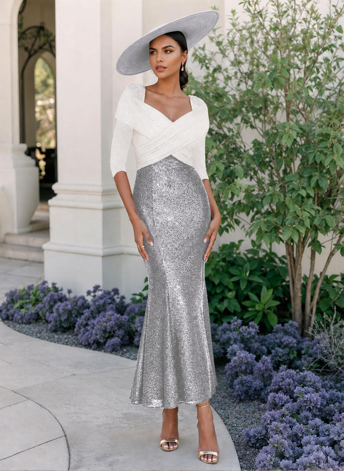 Trumpet/Mermaid V-Neck 3/4 Sleeves Ankle-Length Sequined Mother Of The Bride Dresses