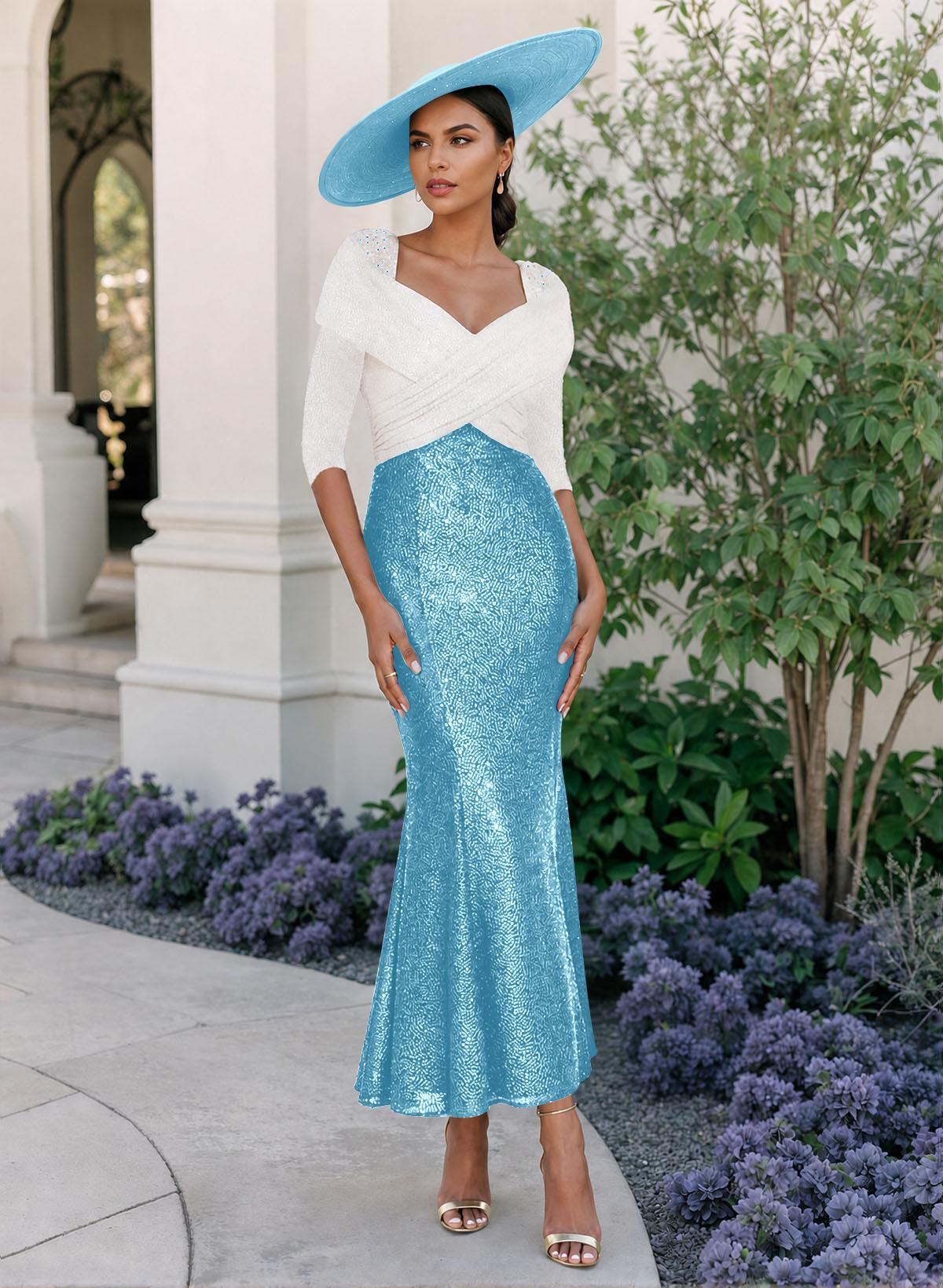 Trumpet/Mermaid V-Neck 3/4 Sleeves Ankle-Length Sequined Mother Of The Bride Dresses