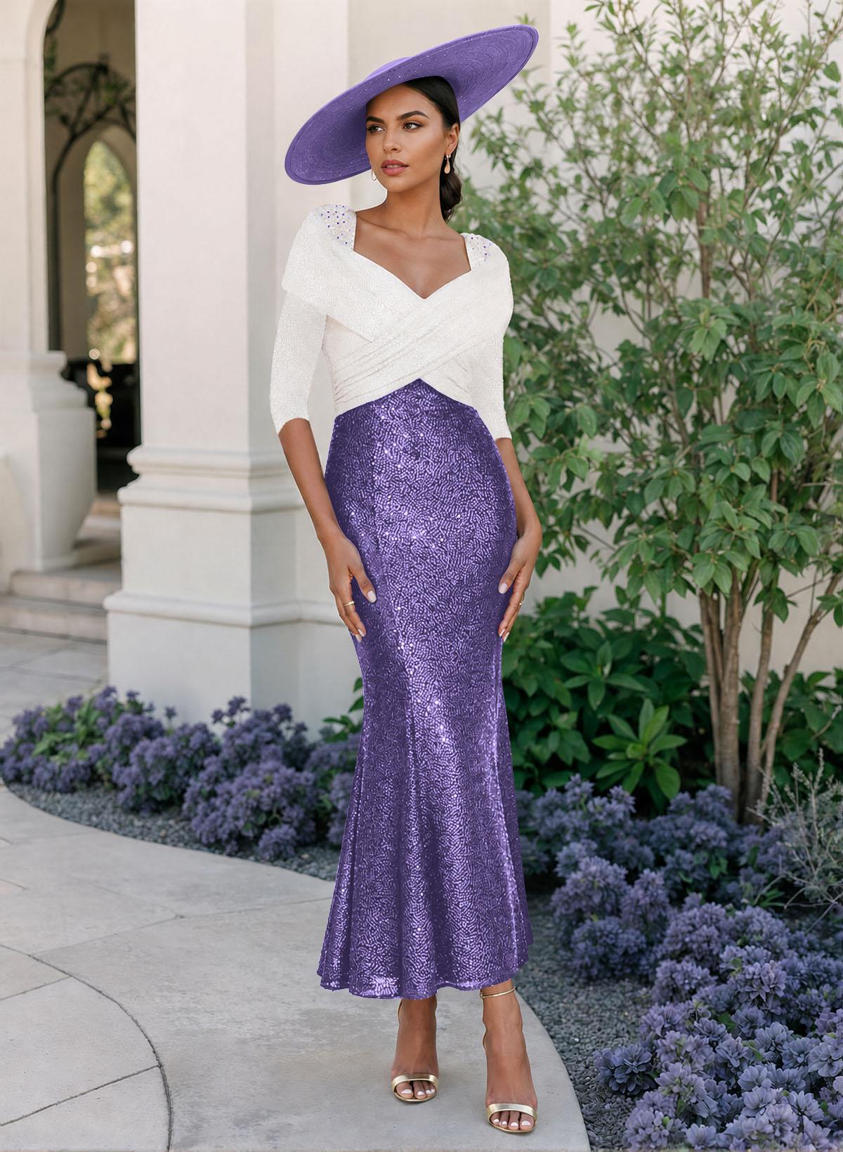 Trumpet/Mermaid V-Neck 3/4 Sleeves Ankle-Length Sequined Mother Of The Bride Dresses